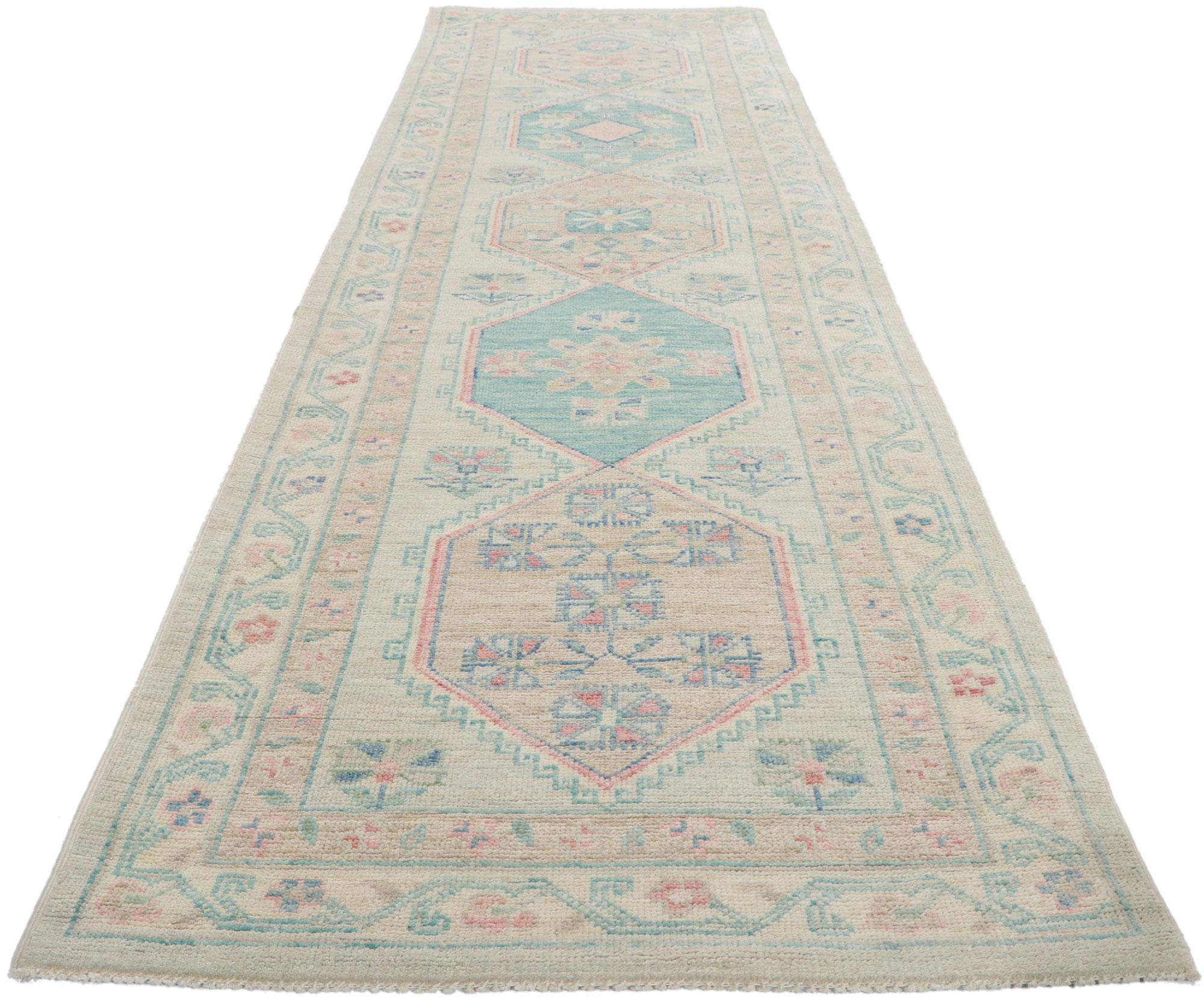 Pakistani Colorful Pastel Oushak Rug, Modern Bridgerton Style Meets Contemporary Elegance For Sale