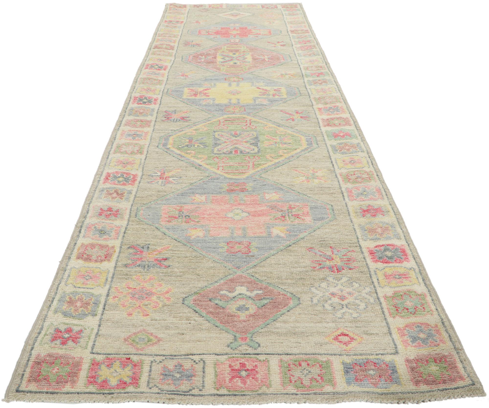 Pakistani Modern Colorful Oushak Runner, Contemporary Elegance Meets Polished and Playful For Sale