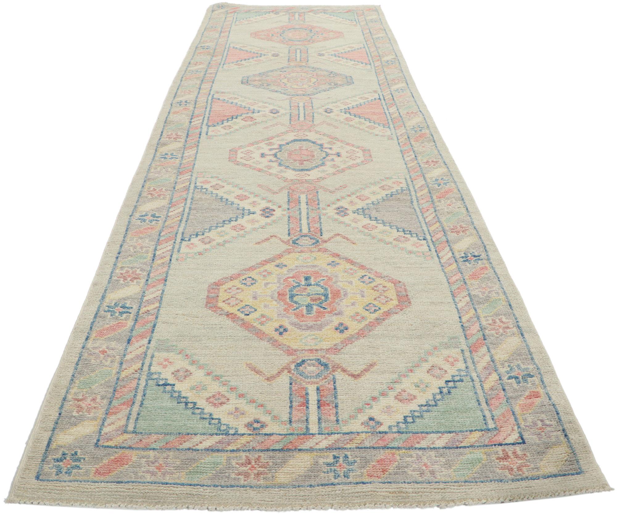 Pakistani Colorful Pastel Oushak Rug, Boho Chic Meets Contemporary Elegance For Sale