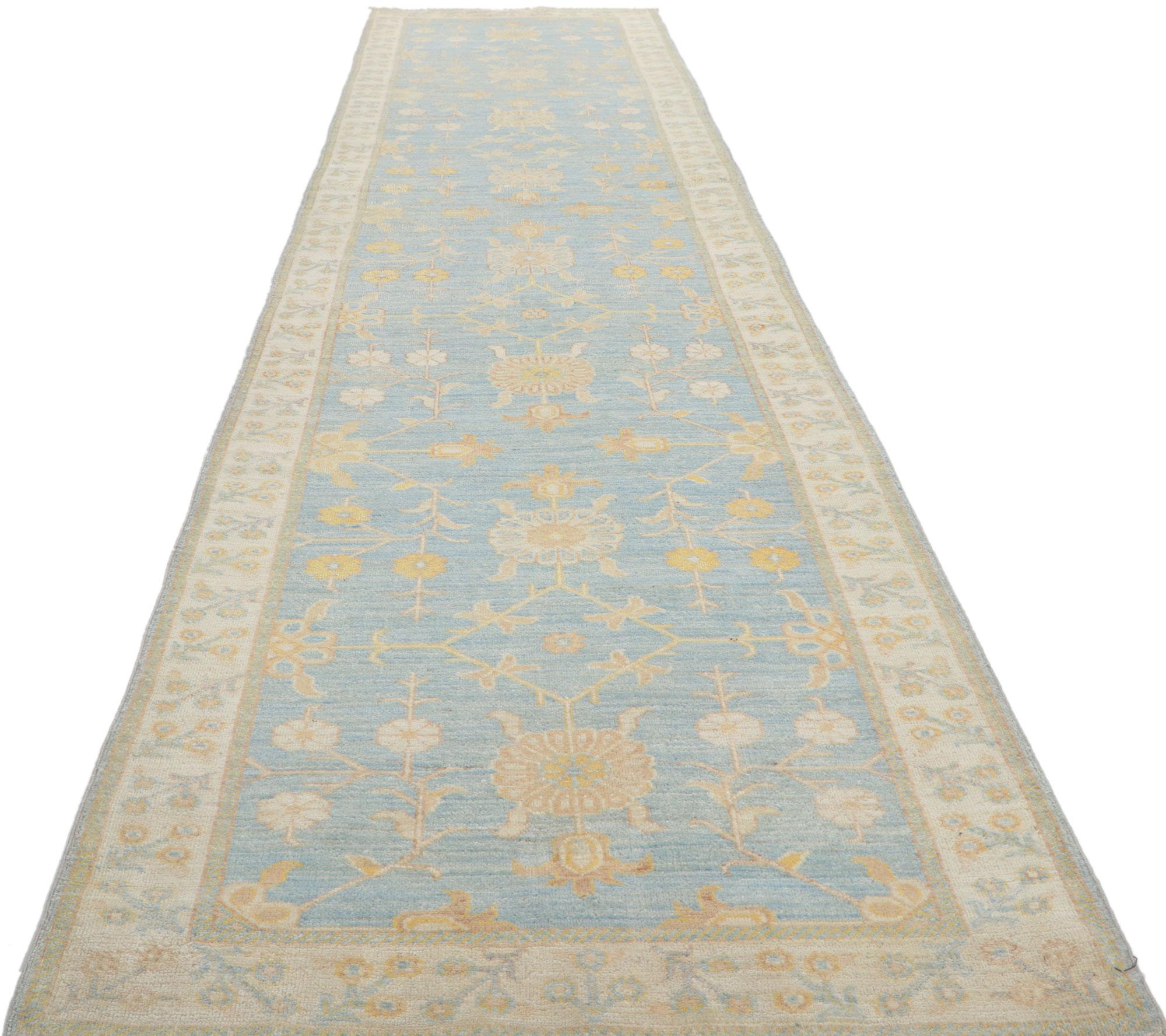 Hand-Knotted New Contemporary Oushak Runner with Soft Colors For Sale