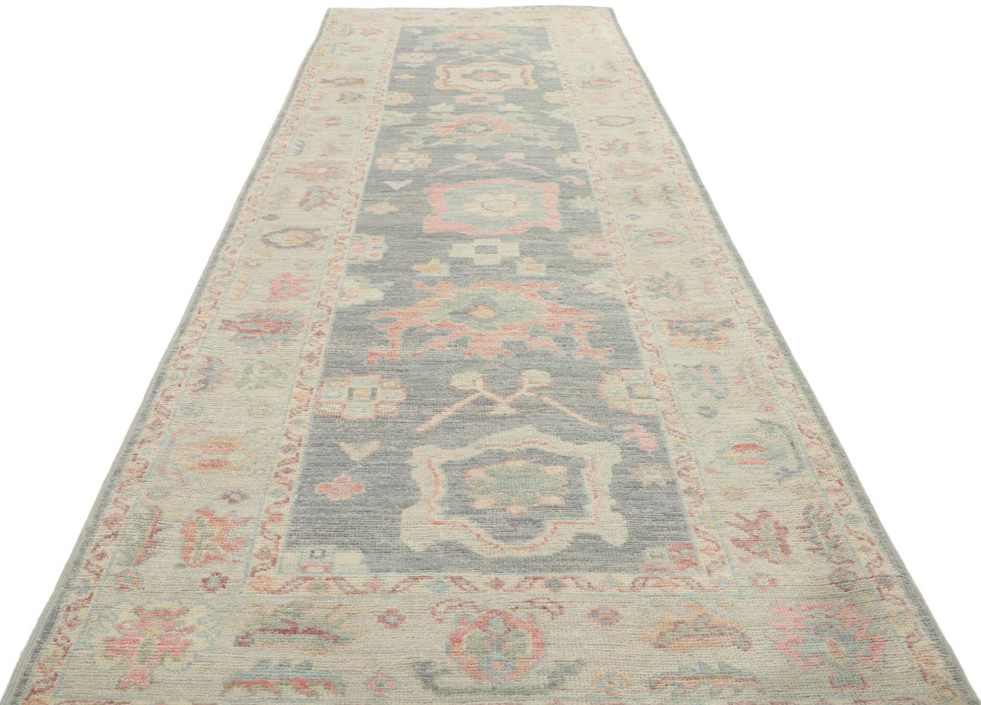 Hand-Knotted New Contemporary Oushak Runner with Soft Colors For Sale