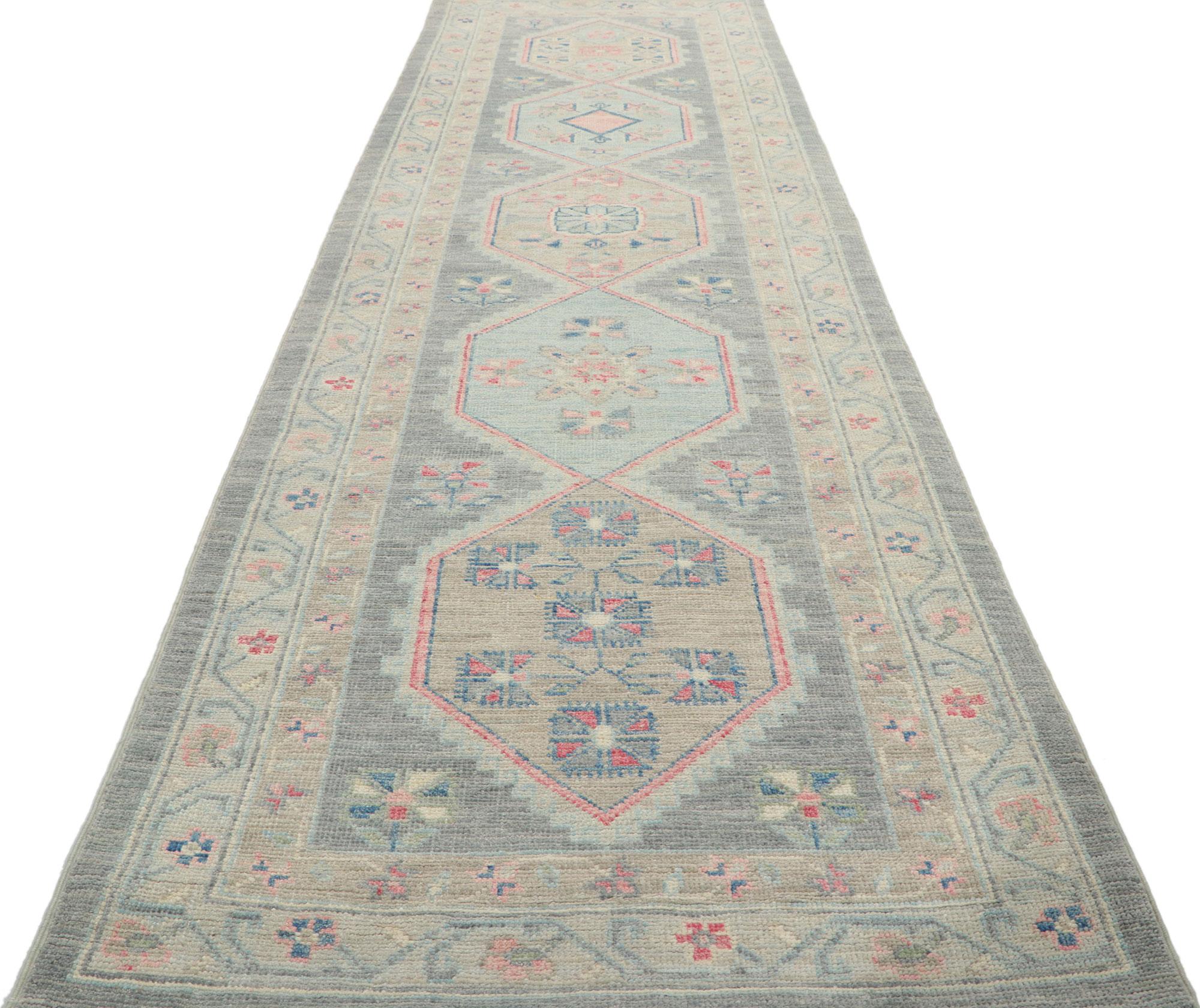 Hand-Knotted Colorful Pastel Oushak Runner, Contemporary Elegance Meets Bridgerton Style For Sale