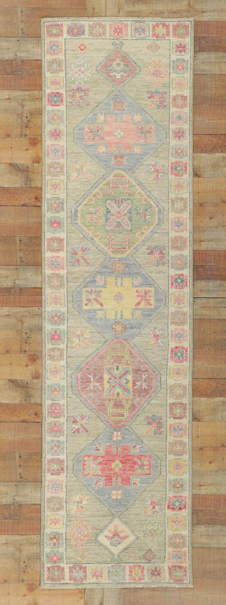 Hand-Knotted Modern Colorful Oushak Runner, Contemporary Elegance Meets Polished and Playful For Sale