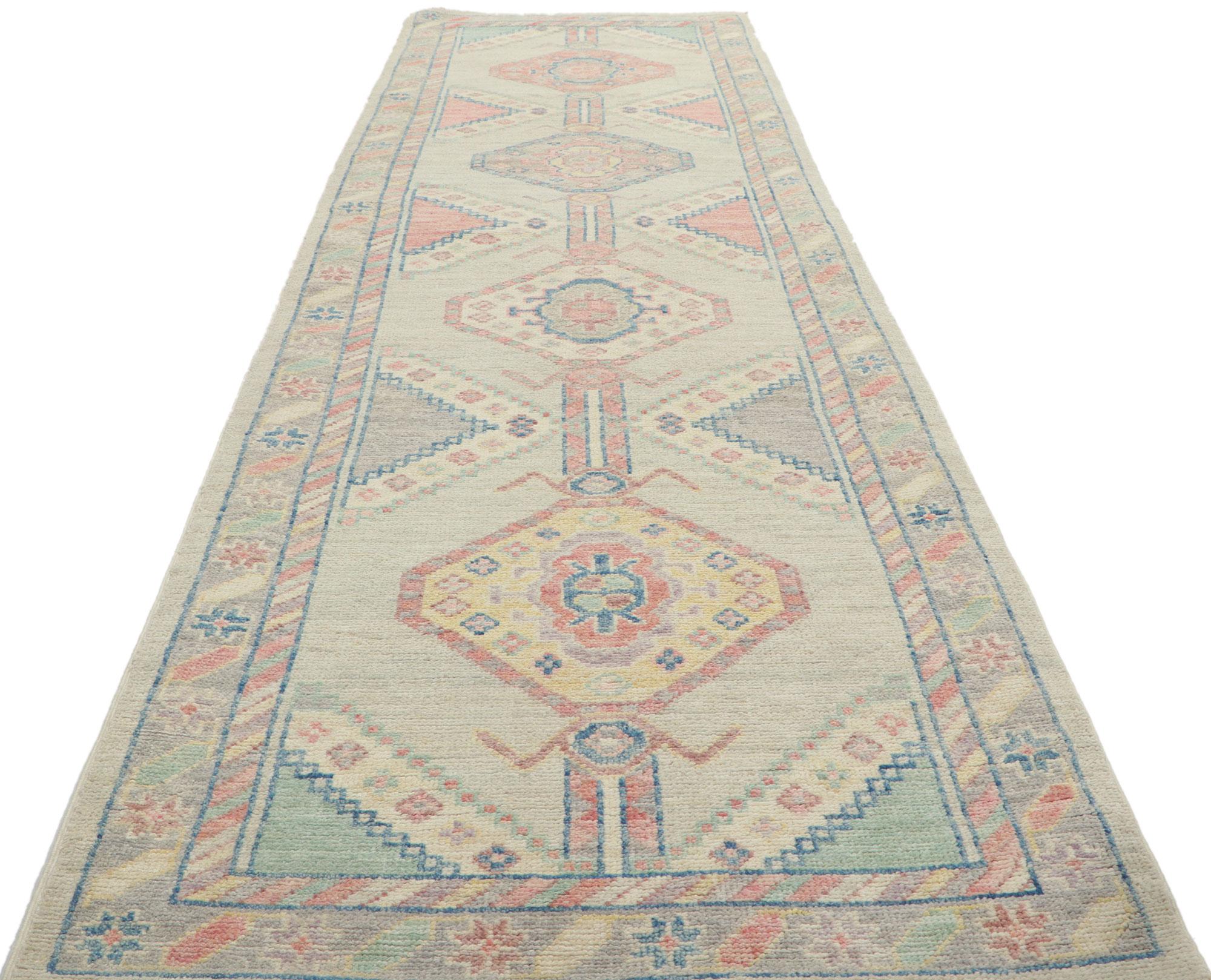 Wool Colorful Pastel Oushak Rug, Boho Chic Meets Contemporary Elegance For Sale