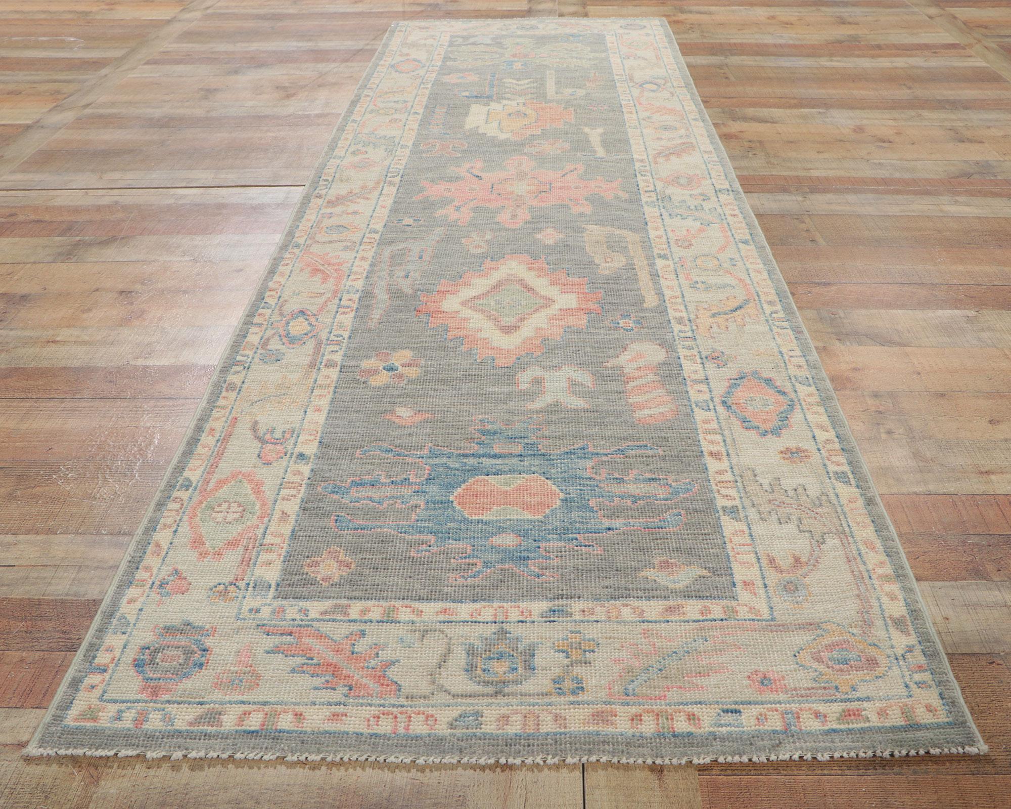 New Contemporary Oushak Runner with Soft Colors For Sale 1