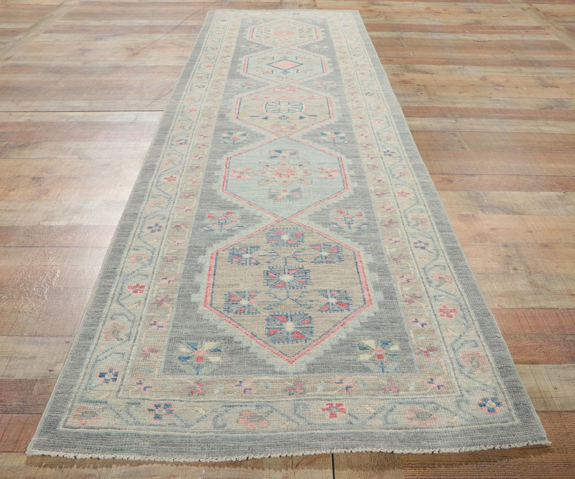 Colorful Pastel Oushak Runner, Contemporary Elegance Meets Bridgerton Style For Sale 1