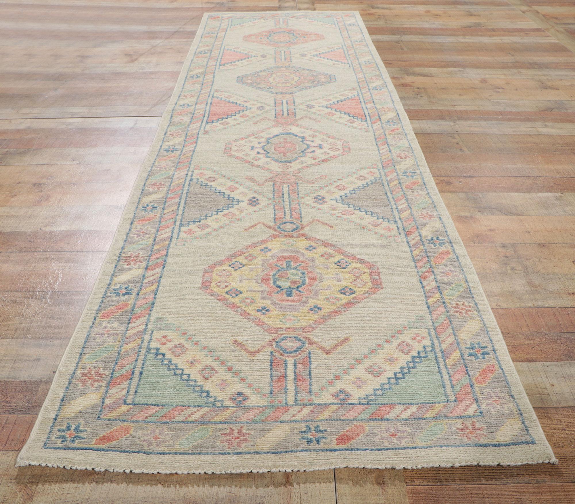 Colorful Pastel Oushak Runner, Contemporary Elegance Meets Modern Bohemian For Sale 1