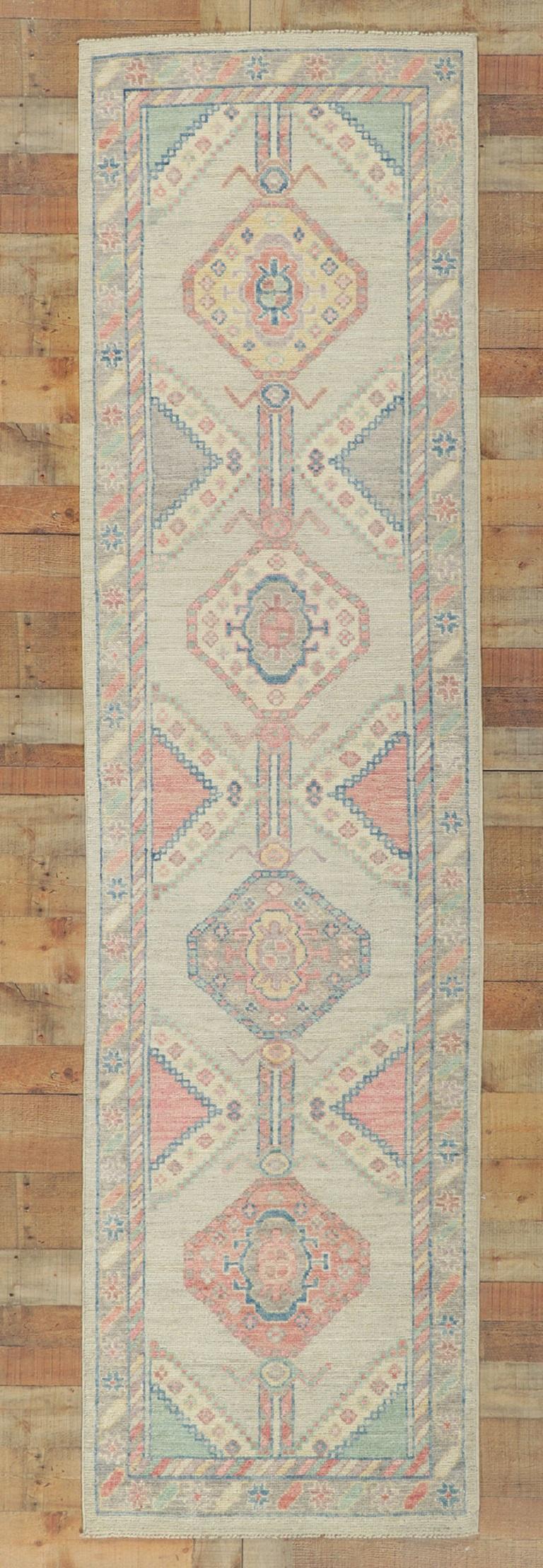 Colorful Pastel Oushak Runner, Contemporary Elegance Meets Modern Bohemian For Sale 2