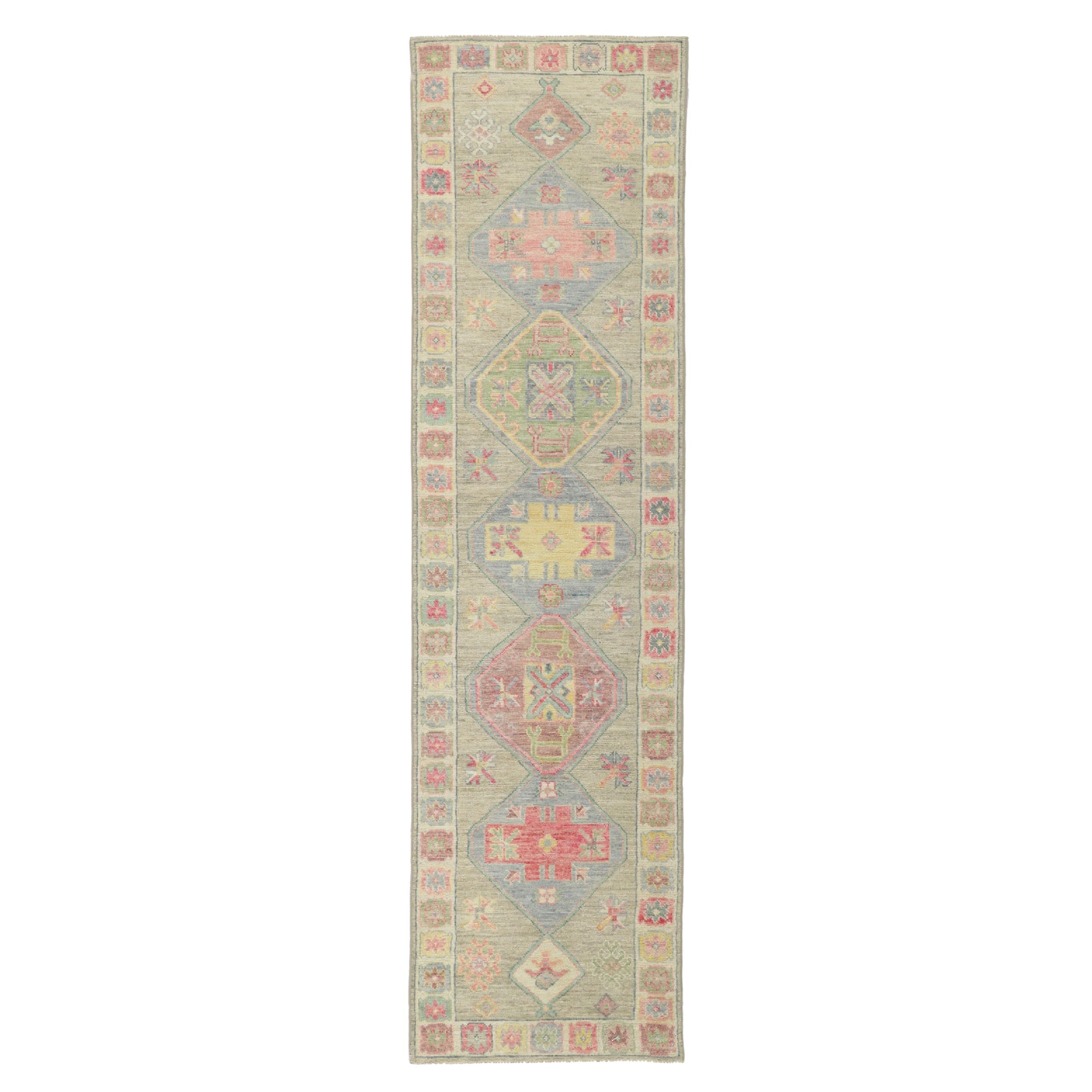Modern Colorful Oushak Runner, Contemporary Elegance Meets Polished and Playful For Sale