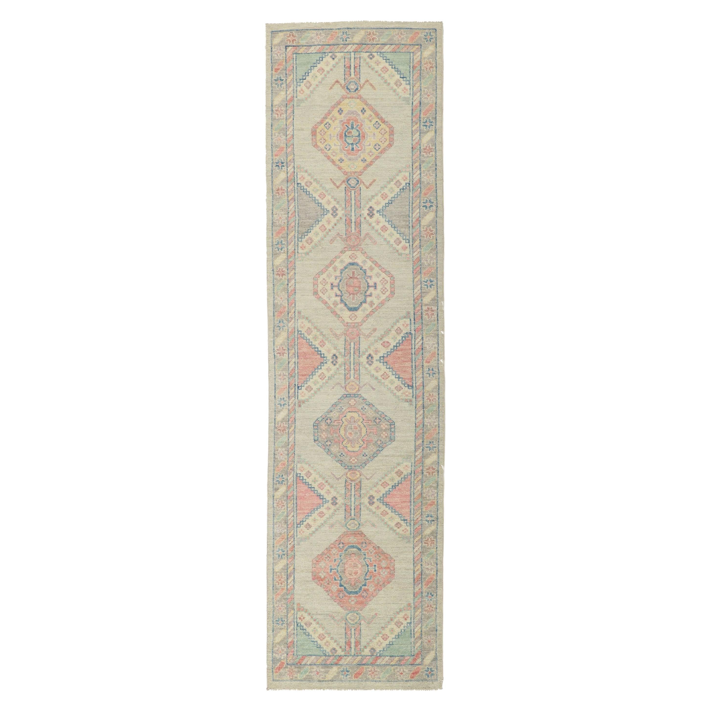 Colorful Modern Oushak Runner, Contemporary Elegance Meets Quiet Sophistication For Sale