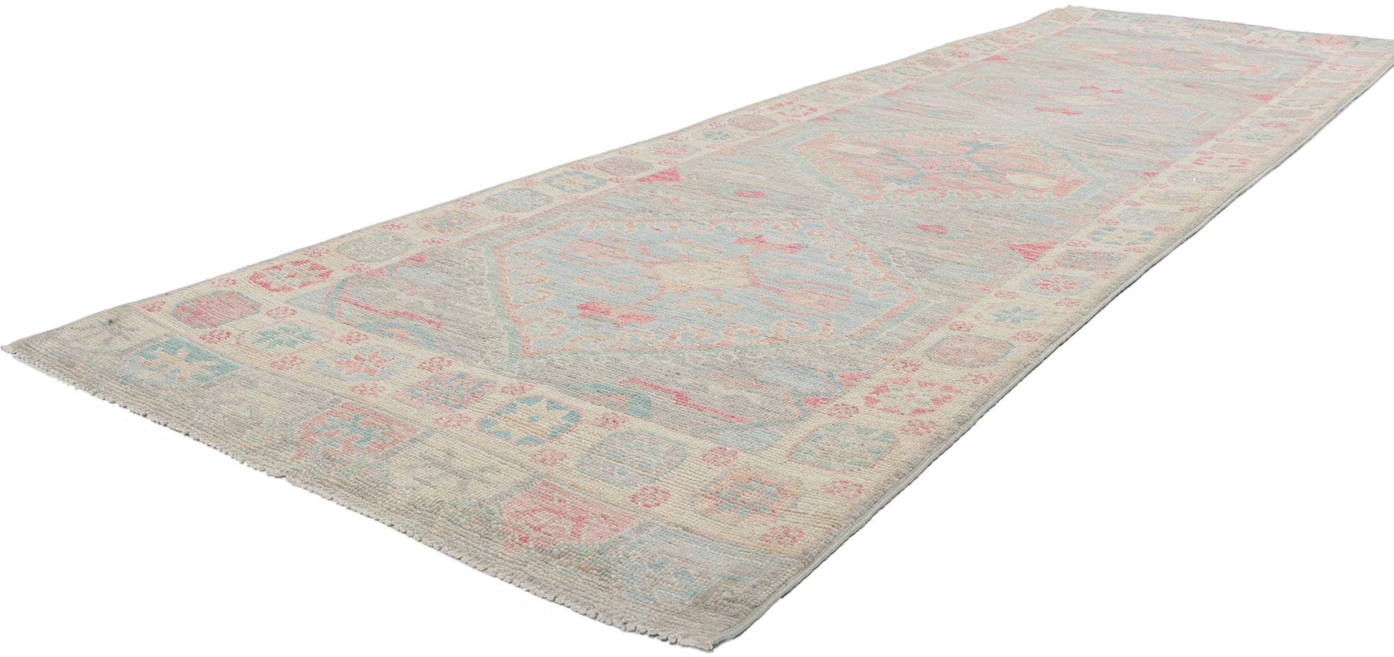 80866 New Contemporary Oushak Runner, 03'00 x 10'02. This hand-knotted wool contemporary Oushak hallway rug features an all-over botanical pattern composed of amorphous organic motifs spread across an abrashed baby blue and light gray striated