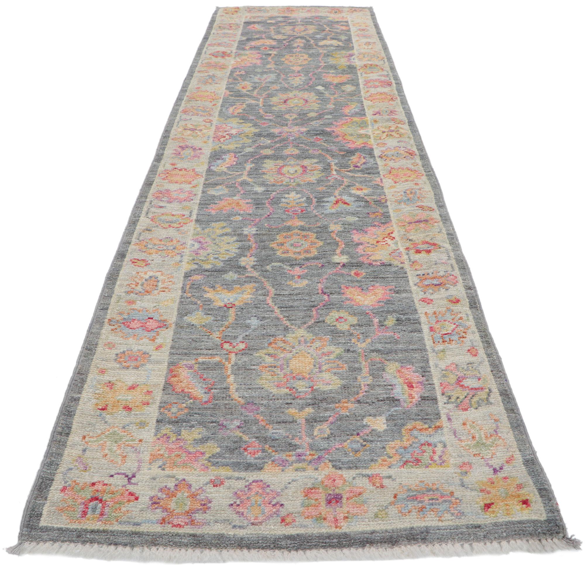 Pakistani New Contemporary Oushak Runner with Soft Pastel Colors For Sale
