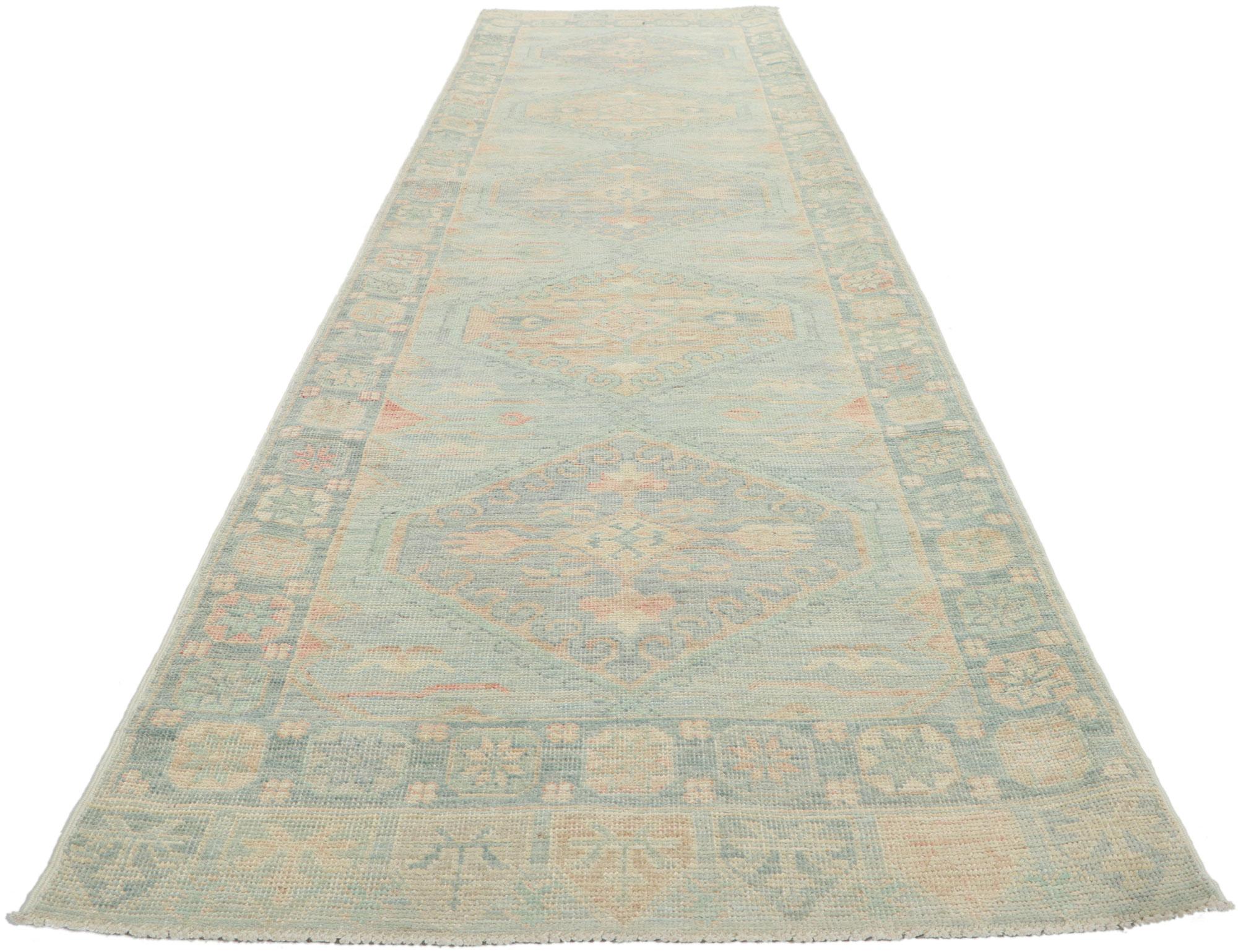 Pakistani New Contemporary Oushak Runner with Soft Pastel Colors For Sale