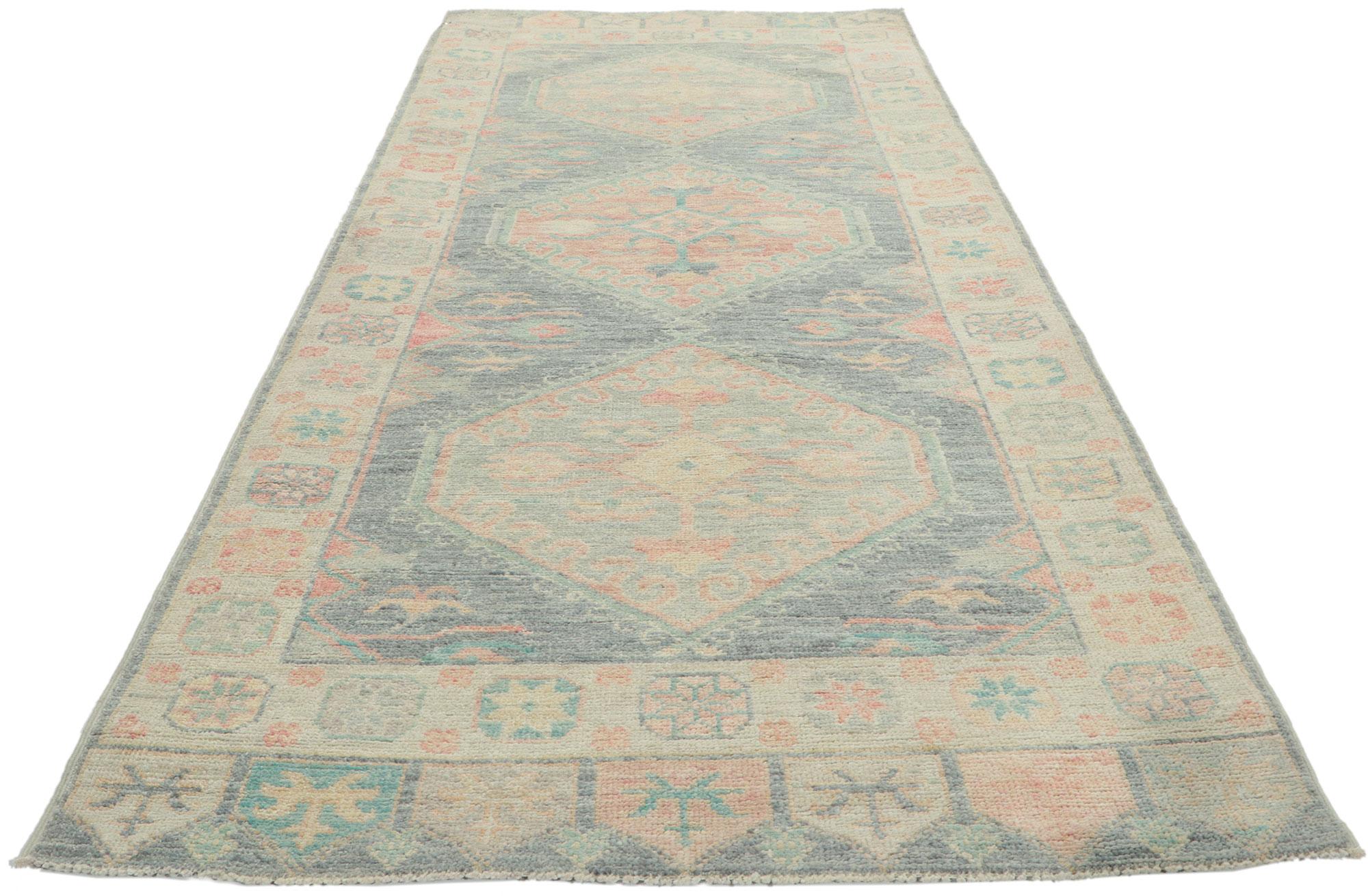 Pakistani New Contemporary Oushak Runner with Soft Pastel Colors For Sale