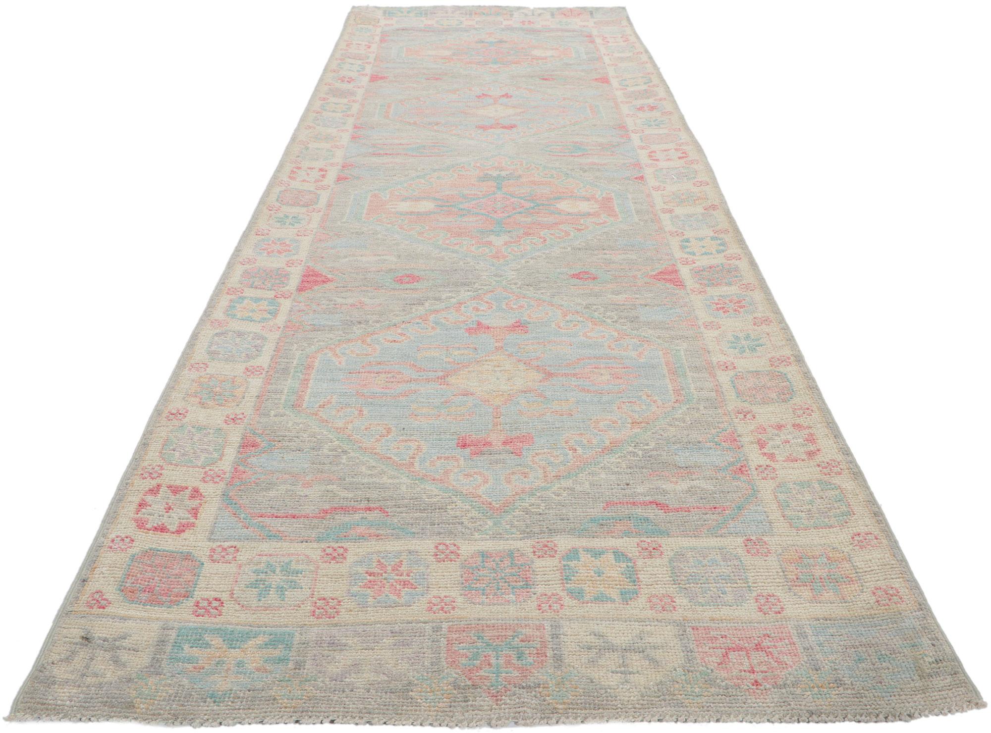 Pakistani New Contemporary Oushak Runner with Soft Pastel Colors For Sale
