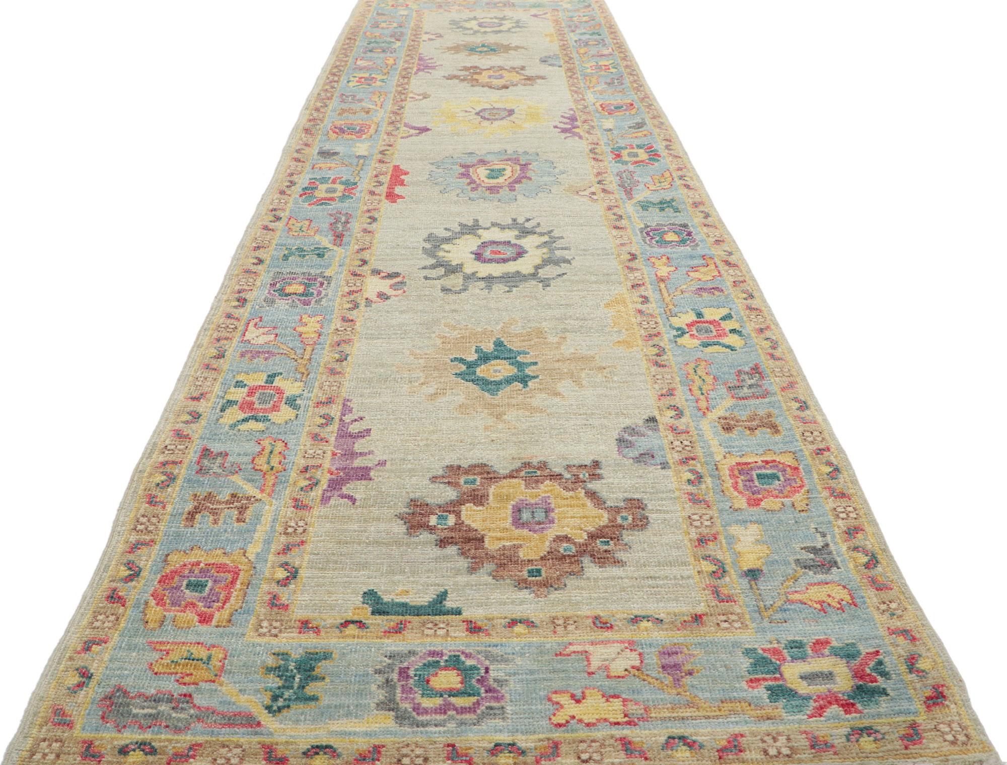 Hand-Knotted New Contemporary Oushak Runner with Soft Pastel Colors For Sale