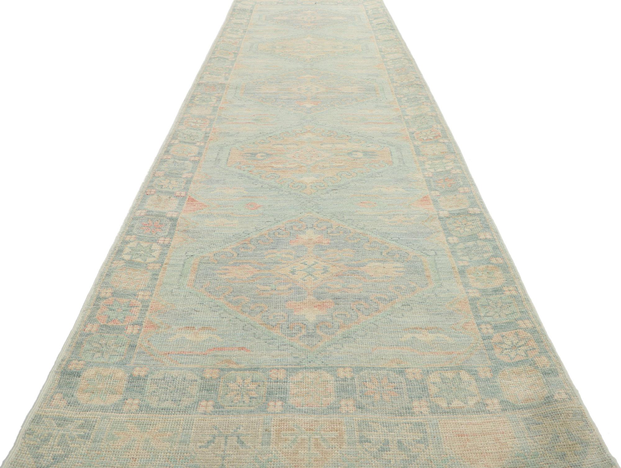 Wool New Contemporary Oushak Runner with Soft Pastel Colors For Sale
