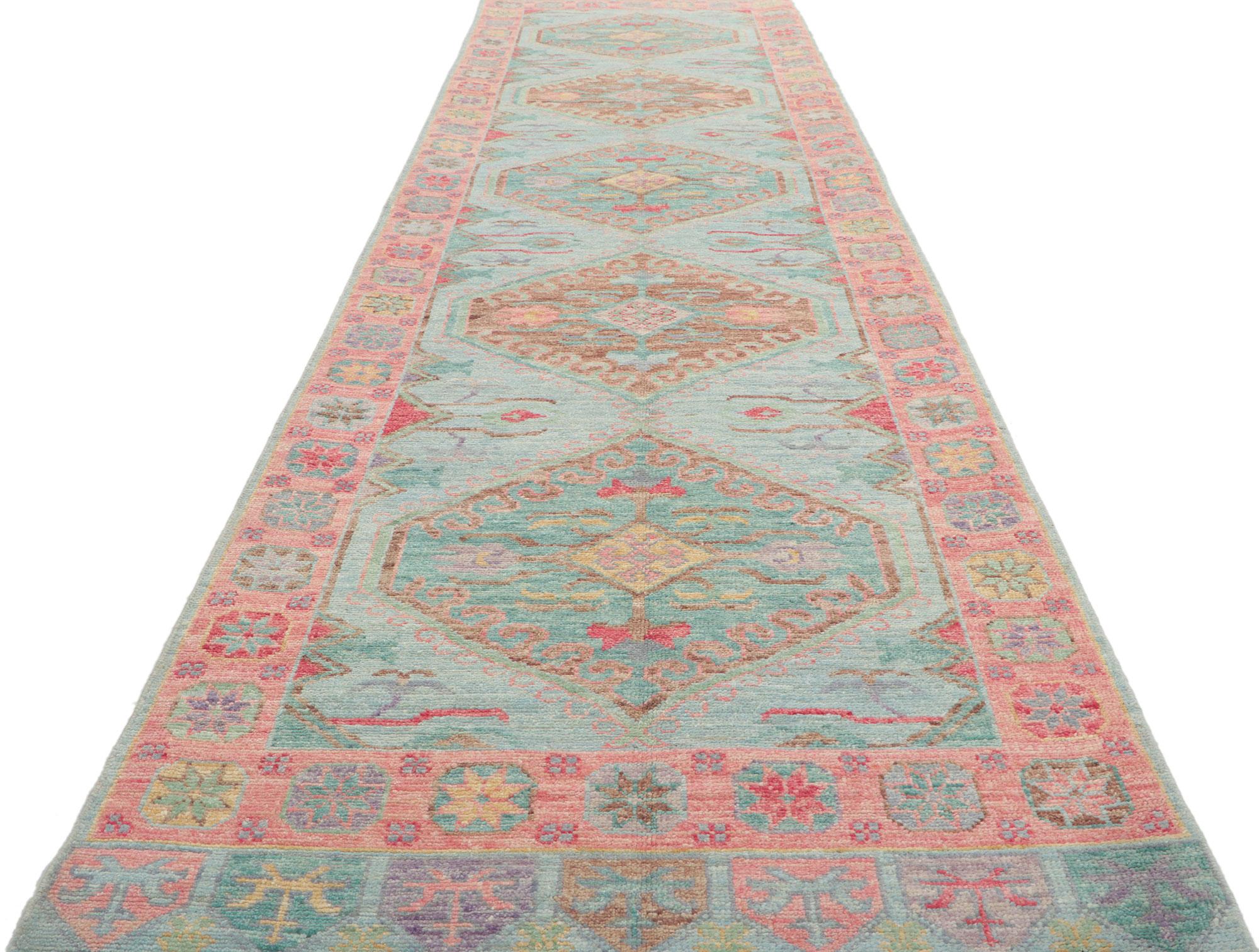 Wool New Contemporary Oushak Runner with Soft Pastel Colors For Sale