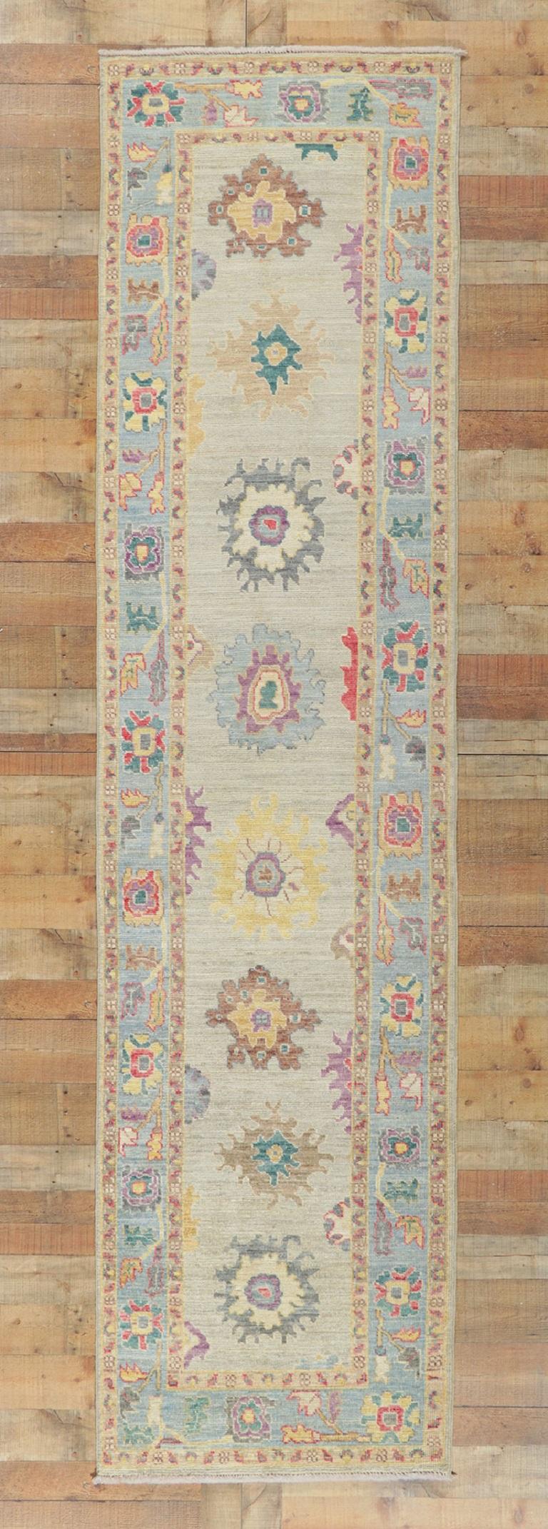 New Contemporary Oushak Runner with Soft Pastel Colors For Sale 1