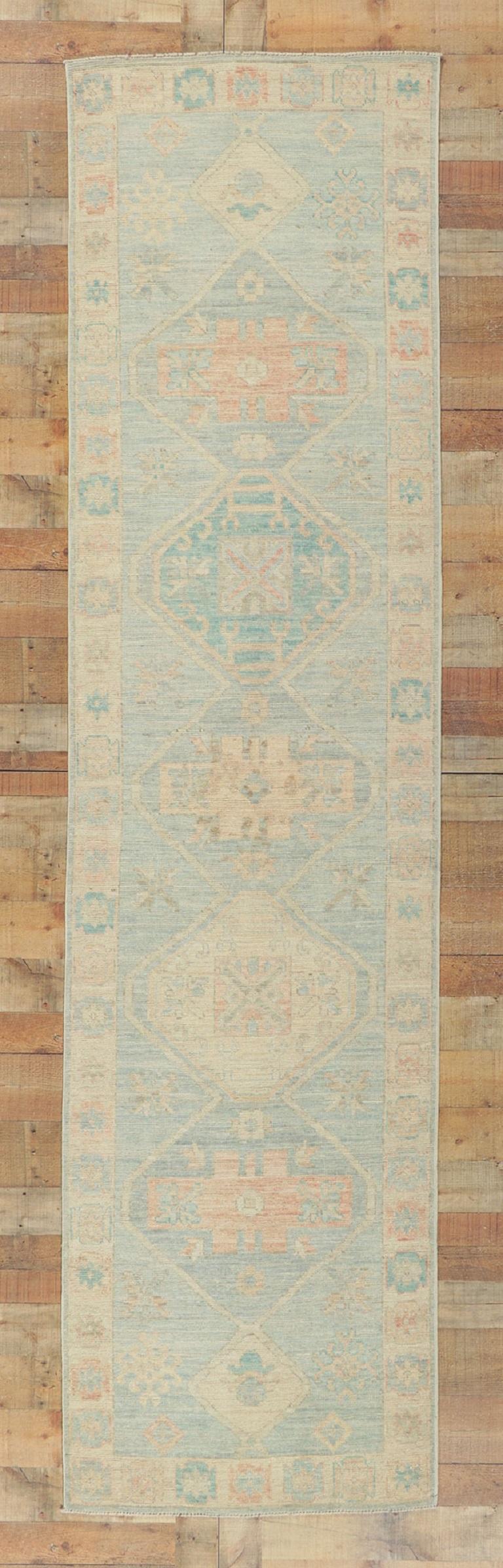 New Contemporary Oushak Runner with Soft Pastel Colors For Sale 2