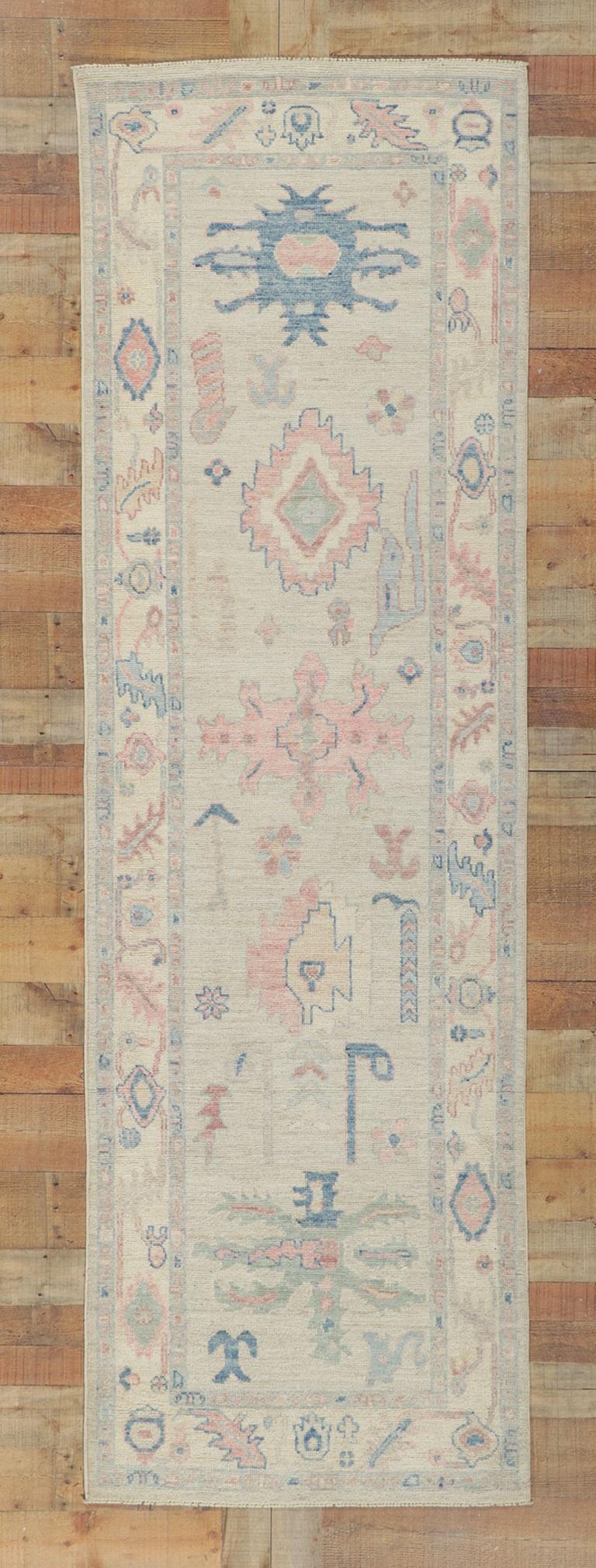 New Contemporary Oushak Runner with Soft Pastel Colors For Sale 2