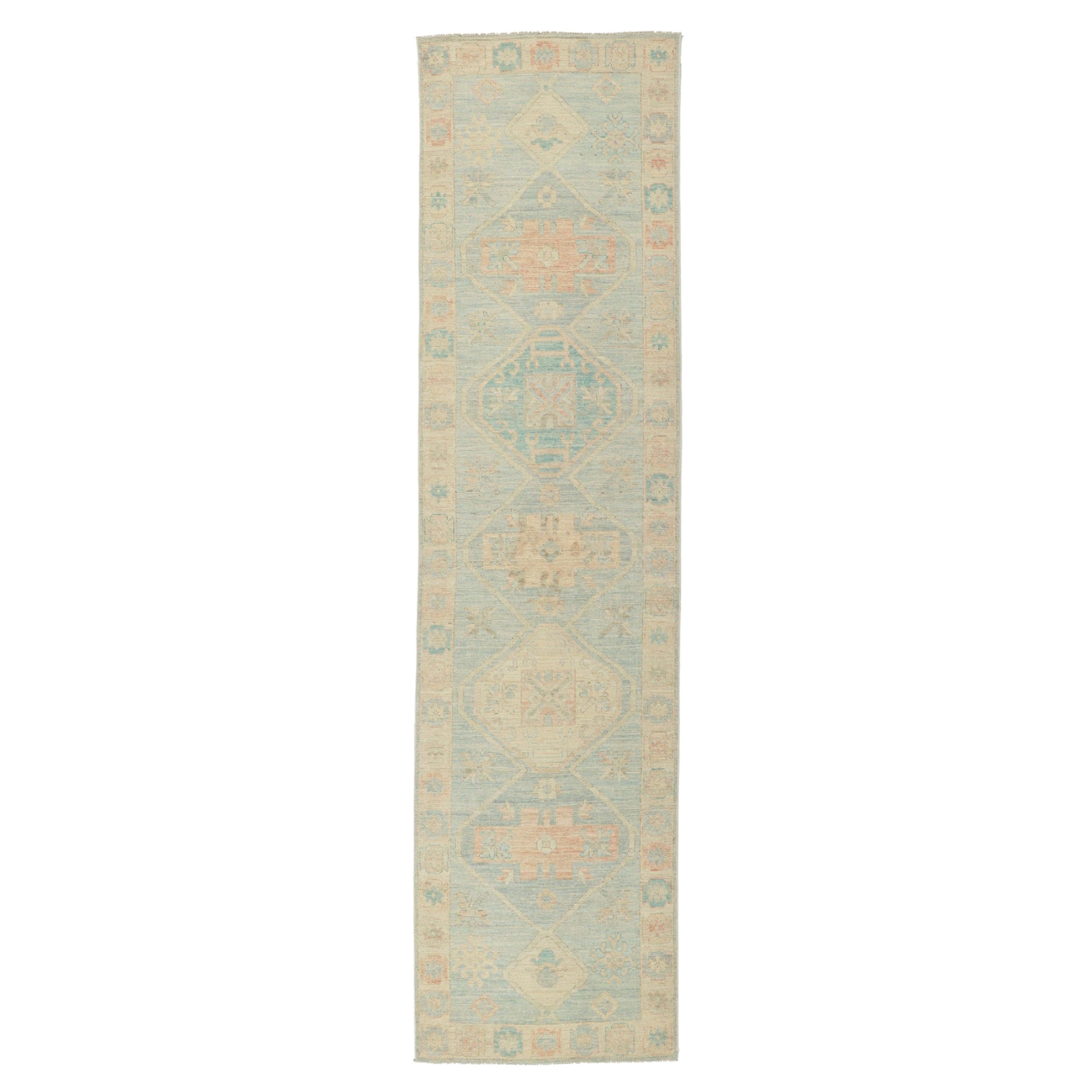 New Contemporary Oushak Runner with Soft Pastel Colors For Sale