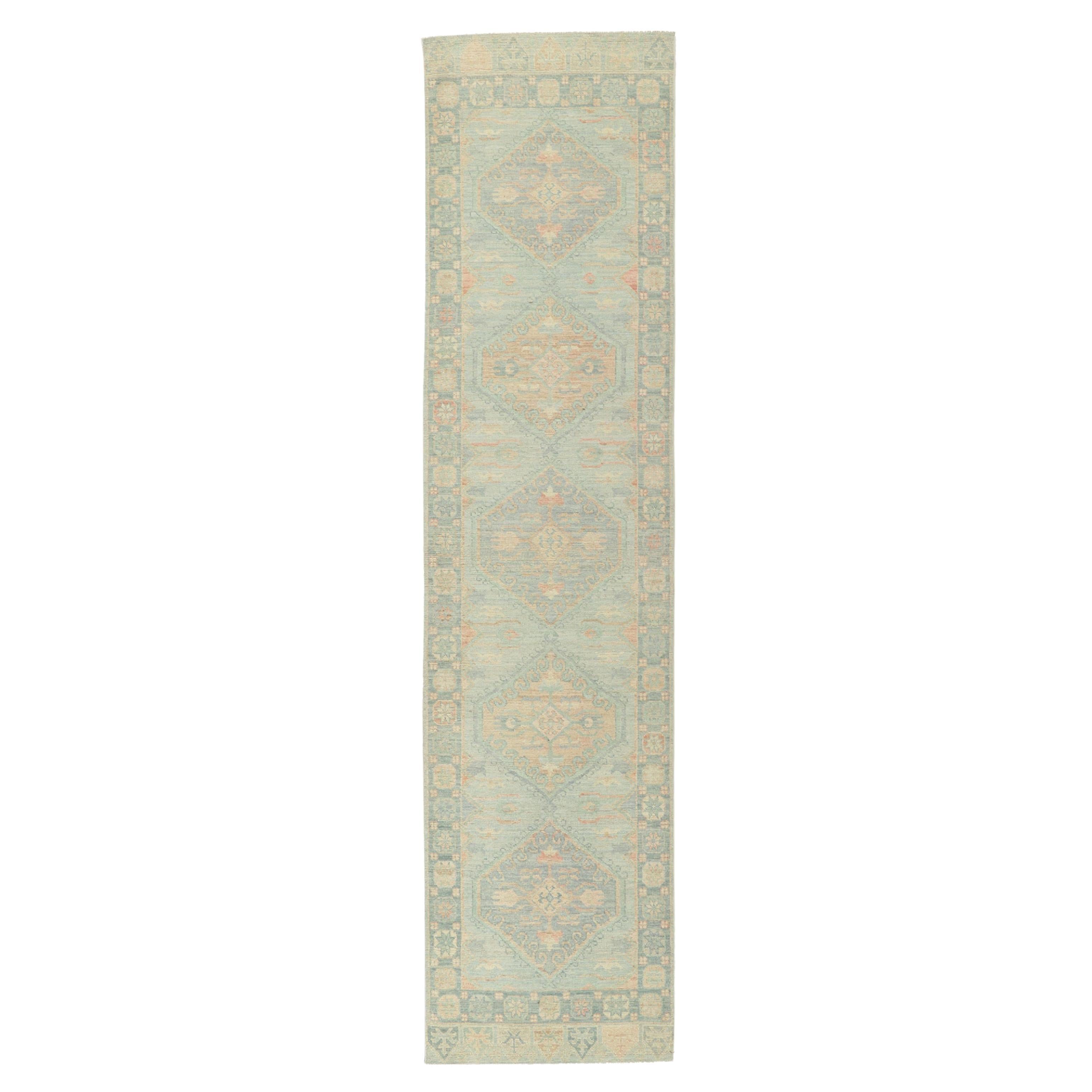 New Contemporary Oushak Runner with Soft Pastel Colors For Sale