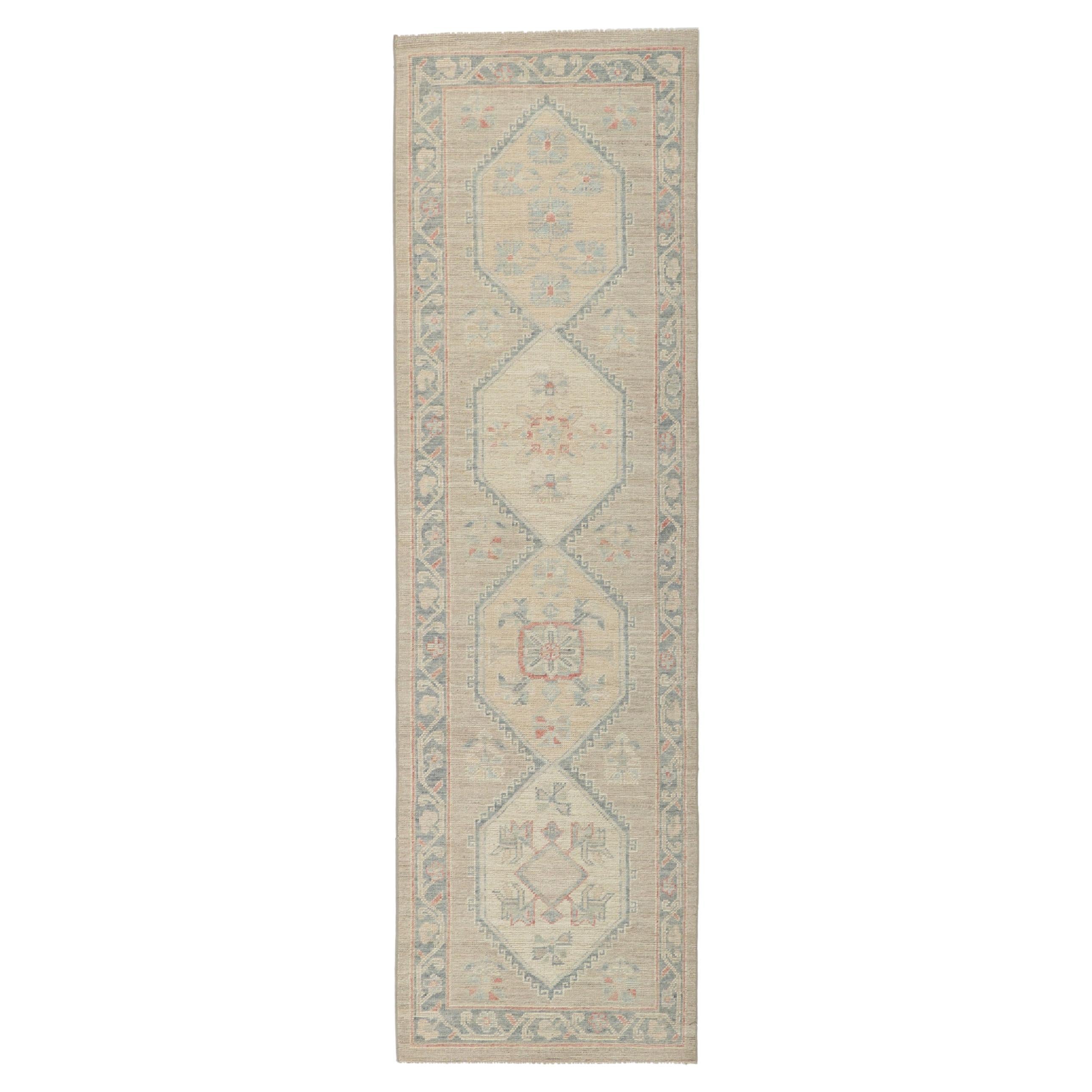 New Contemporary Oushak Runner with Soft Pastel Colors For Sale