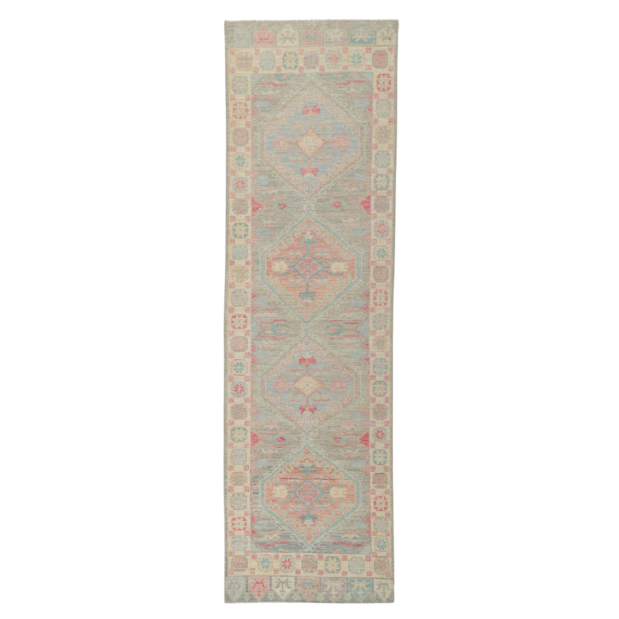 New Contemporary Oushak Runner with Soft Pastel Colors For Sale