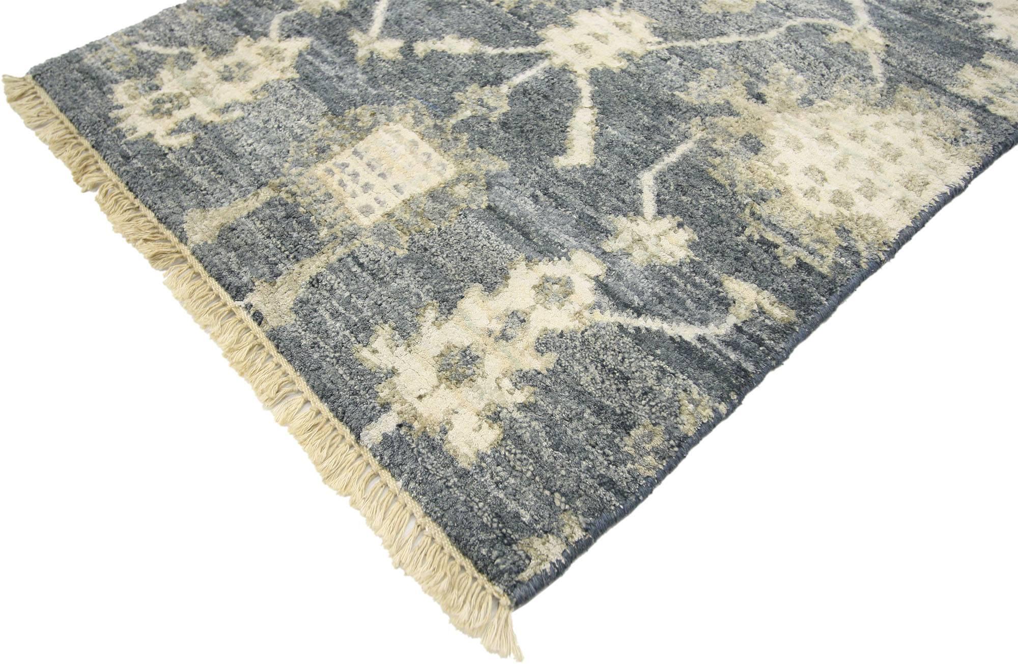 30367 New Contemporary Oushak Style Accent Rug with Modern Style 02'00 x 03'00. This contemporary Oushak style accent rug features a modern traditional style in variegated shades of dark steel-blue, slate blue, tan, beige, ivory and creamy vanilla.
