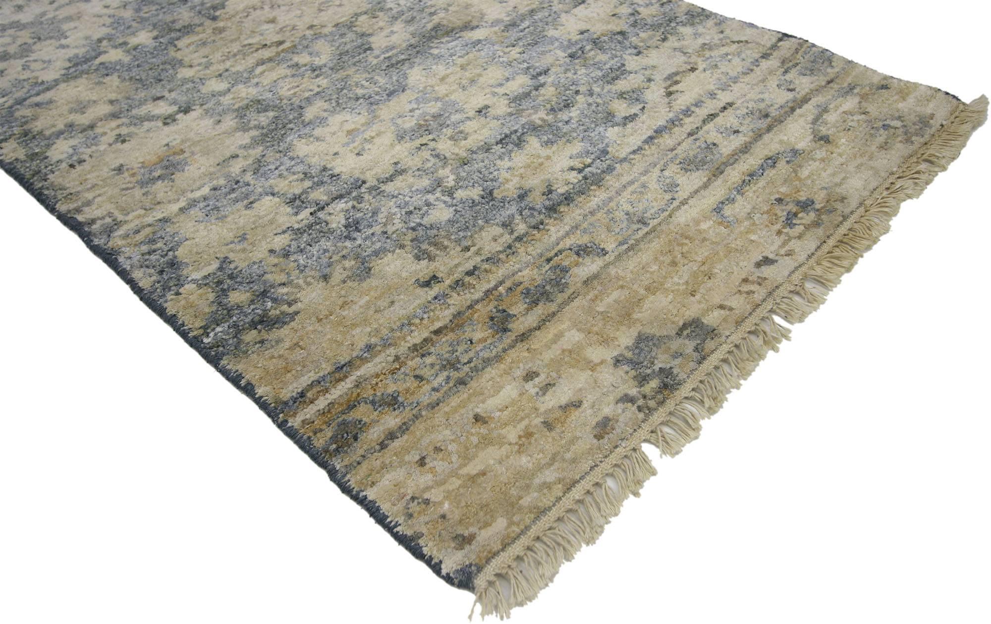 30368 New Contemporary Oushak Style Accent Rug with Modern Style 02'00 x 03'00. This contemporary Oushak style accent rug features a modern traditional style in variegated shades of sky blue, slate blue, tan, beige and creamy vanilla. Polished and