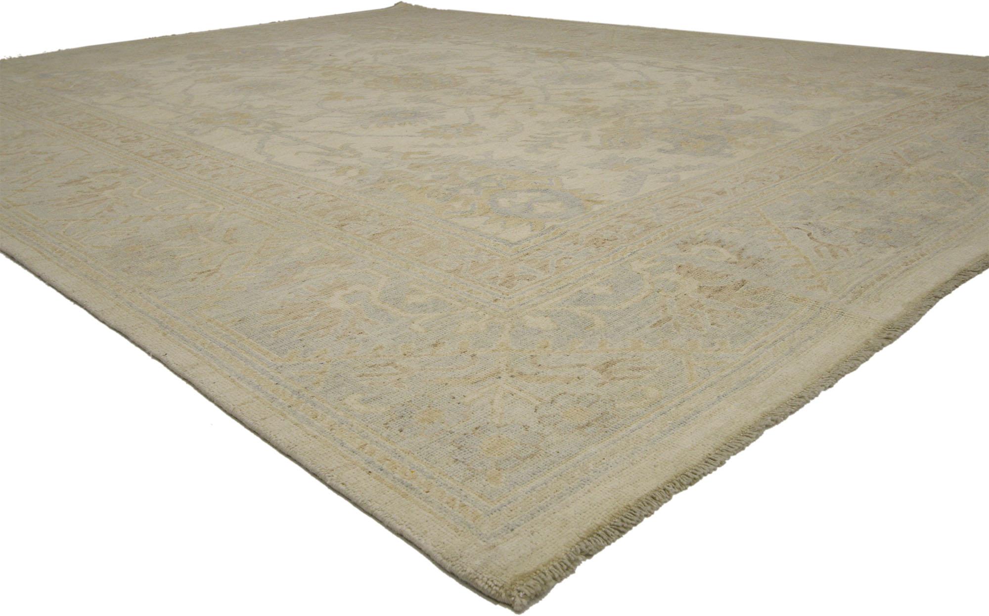 80214, new contemporary Oushak style area rug with modern coastal vibes. Blending elements from the modern world with neutral hues, this hand knotted wool contemporary Oushak rug will boost the coziness factor in nearly any space. It features an