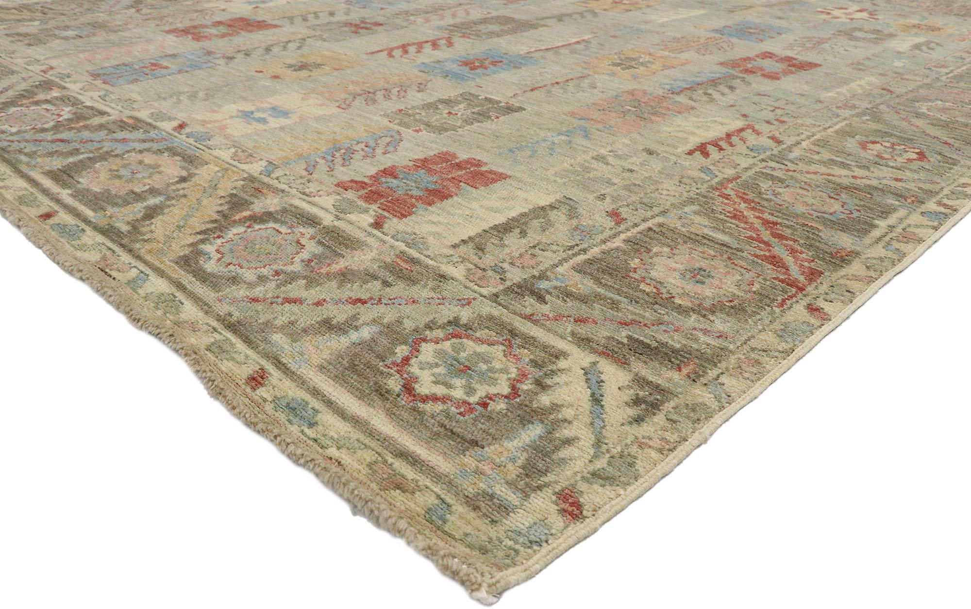 80674 Nuovo Tappeto Oushak contemporaneo con stile tribale moderno 09'01 x 11'05. Questo tappeto contemporaneo in lana annodato a mano in stile Oushak dona un aspetto di meraviglia e di eleganza decorativa. Il campo abrasivo a righe color tortora e