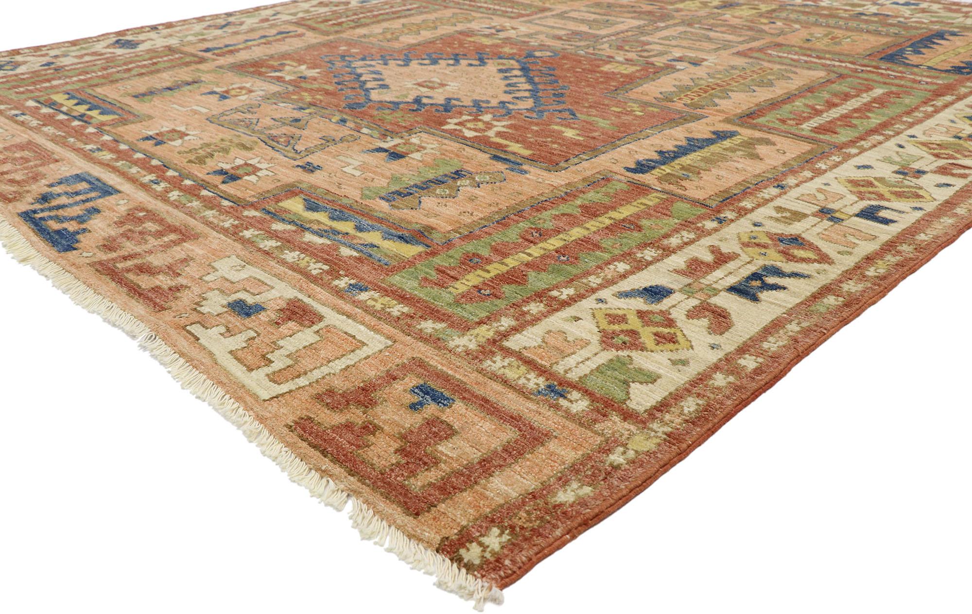 80675 New Contemporary Oushak Style Teppich mit Modern Tribal Style 08'01 x 09'07. Dieser einzigartige zeitgenössische türkische Oushak-Teppich verbindet den Stil des Übergangs mit unverwechselbaren Stammesmotiven zu einem wahrhaft schönen und