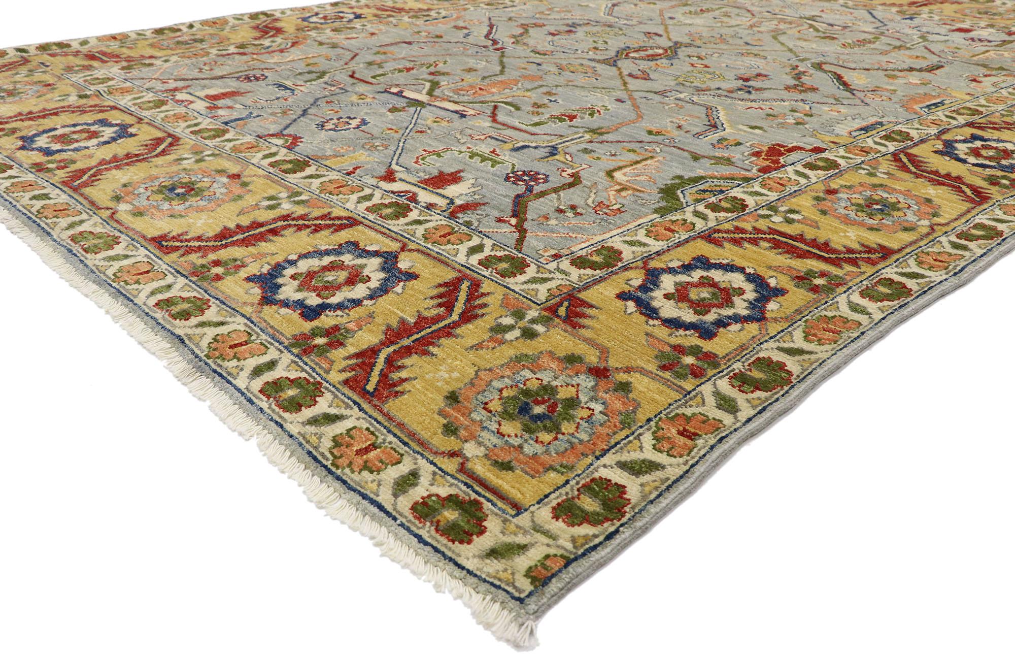 80679 New Contemporary Oushak Style Rug 07'03 x 10'03. Give the look of woven wonders and decorative elegance with this hand-knotted wool contemporary Oushak style rug. The abrashed field displays an all-over botanical lattice composed of stylized