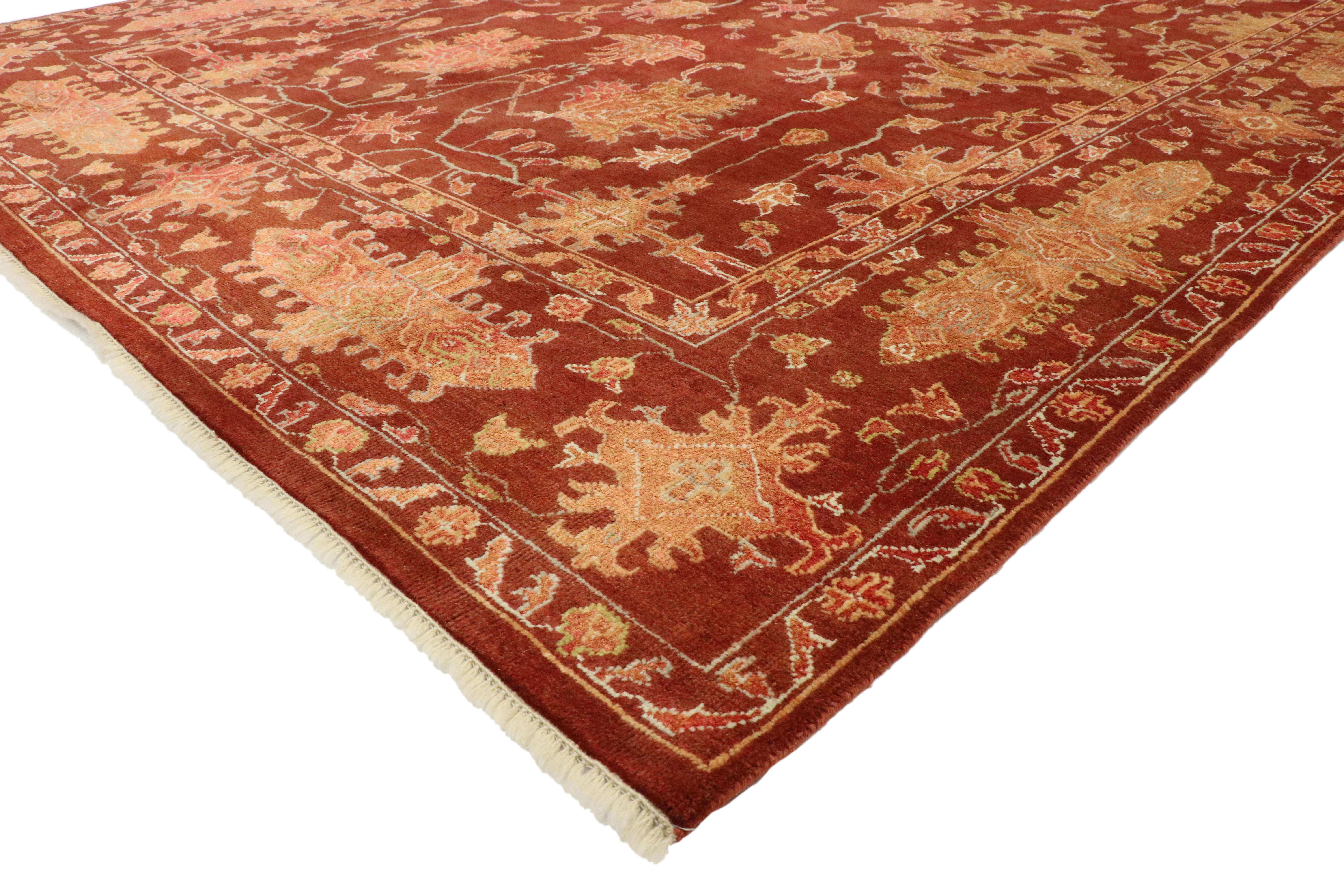 30226 new contemporary Oushak style rug with Jacobean style. With its saturated auburn color and bold elemental nature, this contemporary Oushak style rug features a modern abstract design. Rich waves of abrash sweep across the field enhancing the