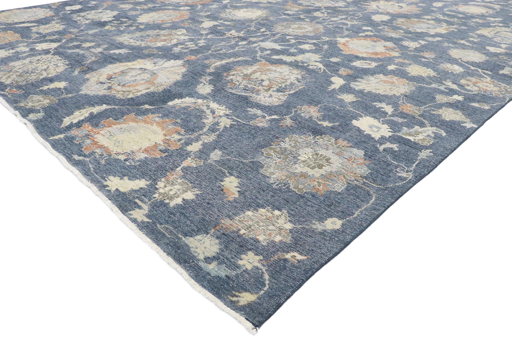30633 New Contemporary Oushak style rug with Modern Coastal style. This hand-knotted wool new contemporary Oushak-style rug features an all-over floral pattern spread across an abrashed field. An array of botanical motifs decorates the field in an