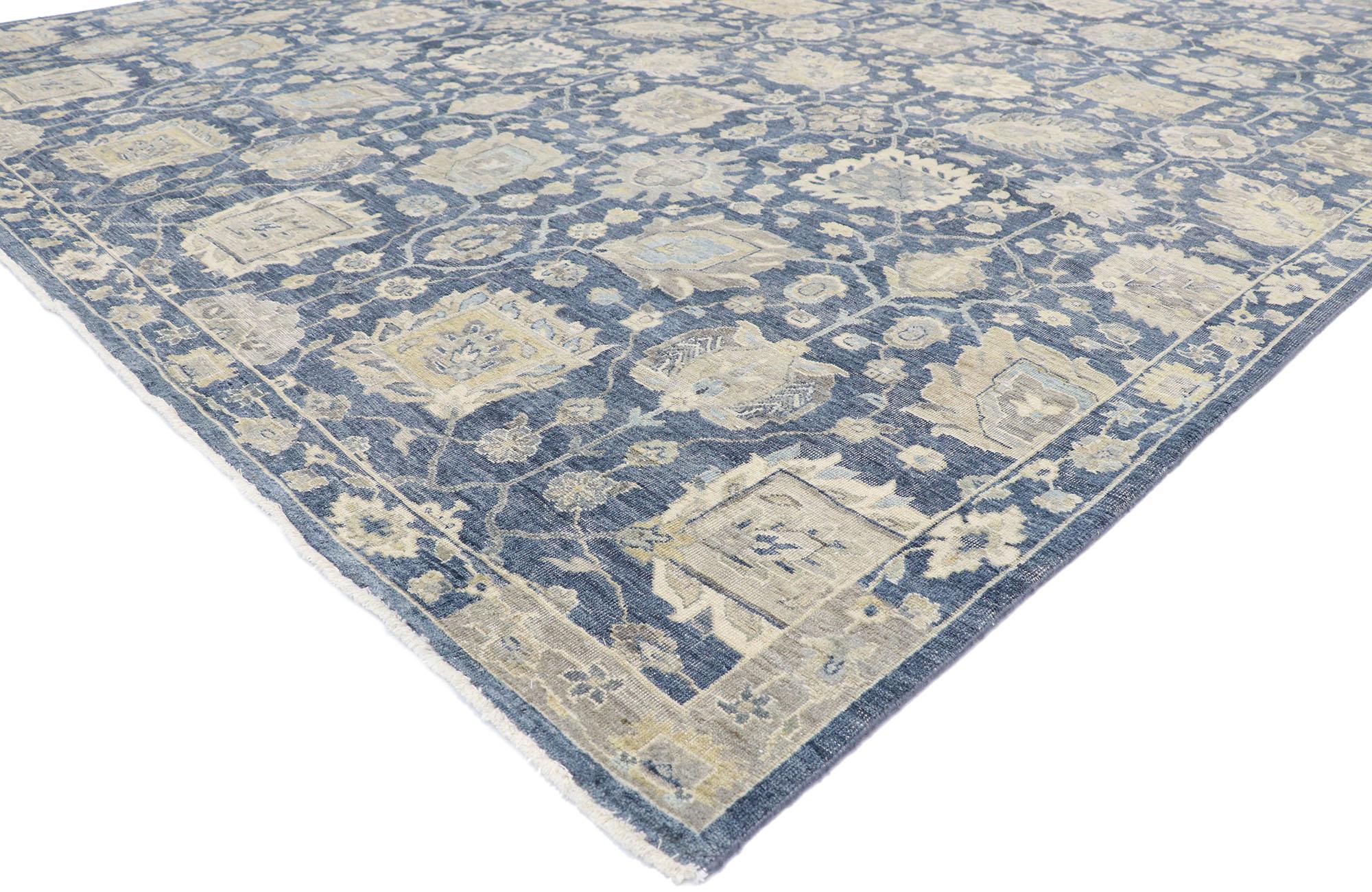 30621 New Contemporary Oushak style rug with modern design. Blending elements from the modern world with a tranquil color palette, this hand knotted wool contemporary Oushak rug is poised to impress. The geometric print and transitional beachy hues