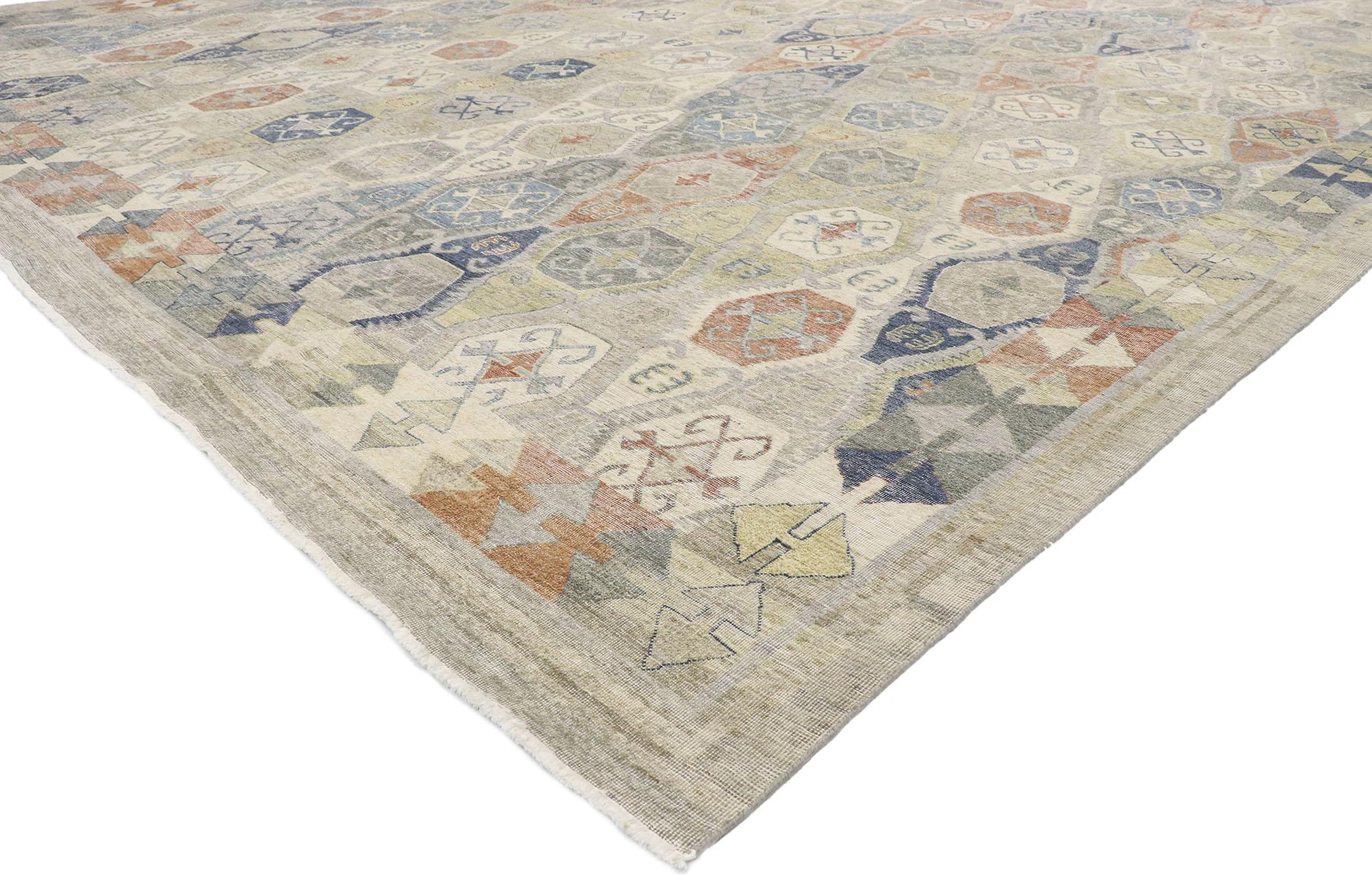 30626, new contemporary Oushak style rug with Modern Rustic Tribal style. With its modern rustic tribal style, incredible detail and texture, this hand-knotted wool contemporary Oushak style rug is a captivating vision of woven beauty. The abrashed