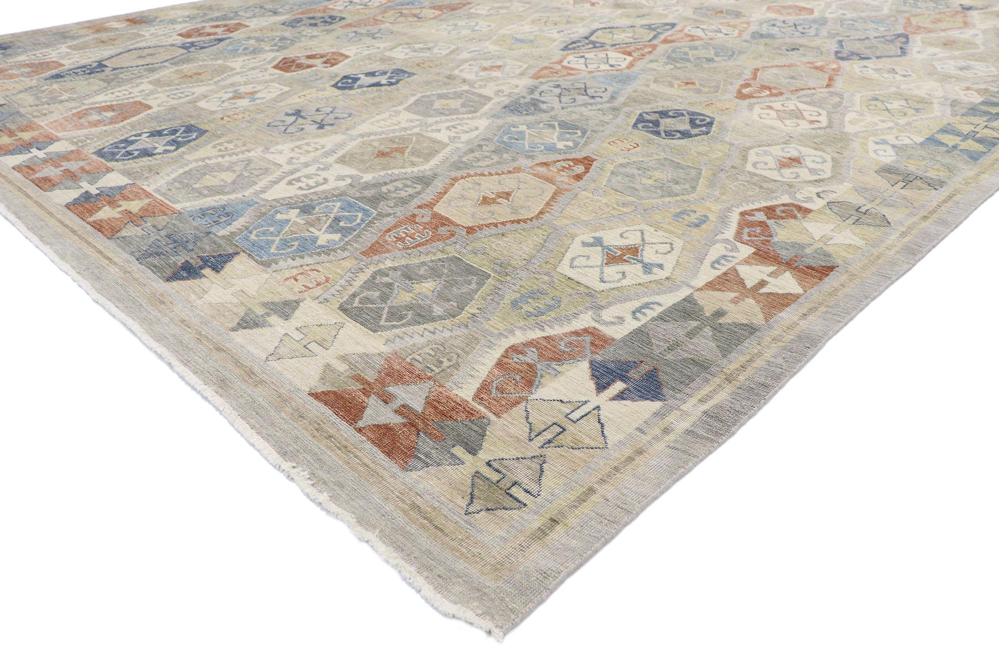 30627, new contemporary Oushak style rug with Modern Rustic Tribal style. With its modern rustic tribal style, incredible detail and texture, this hand-knotted wool contemporary Oushak style rug is a captivating vision of woven beauty. The abrashed