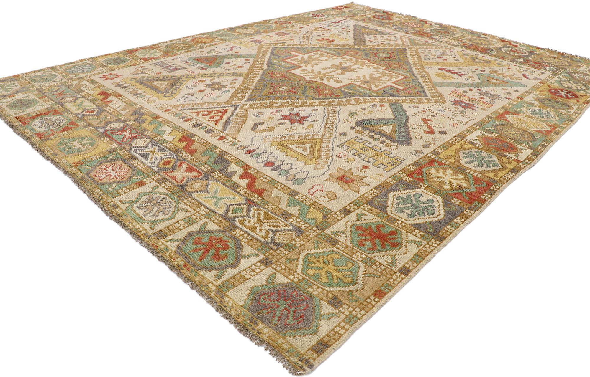 80638, new contemporary Oushak style rug with Modern tribal design. With tribal charm and timeless appeal in an earthy-inspired colorway, this hand knotted wool contemporary Oushak rug will take on a curated lived-in look that feels timeless while