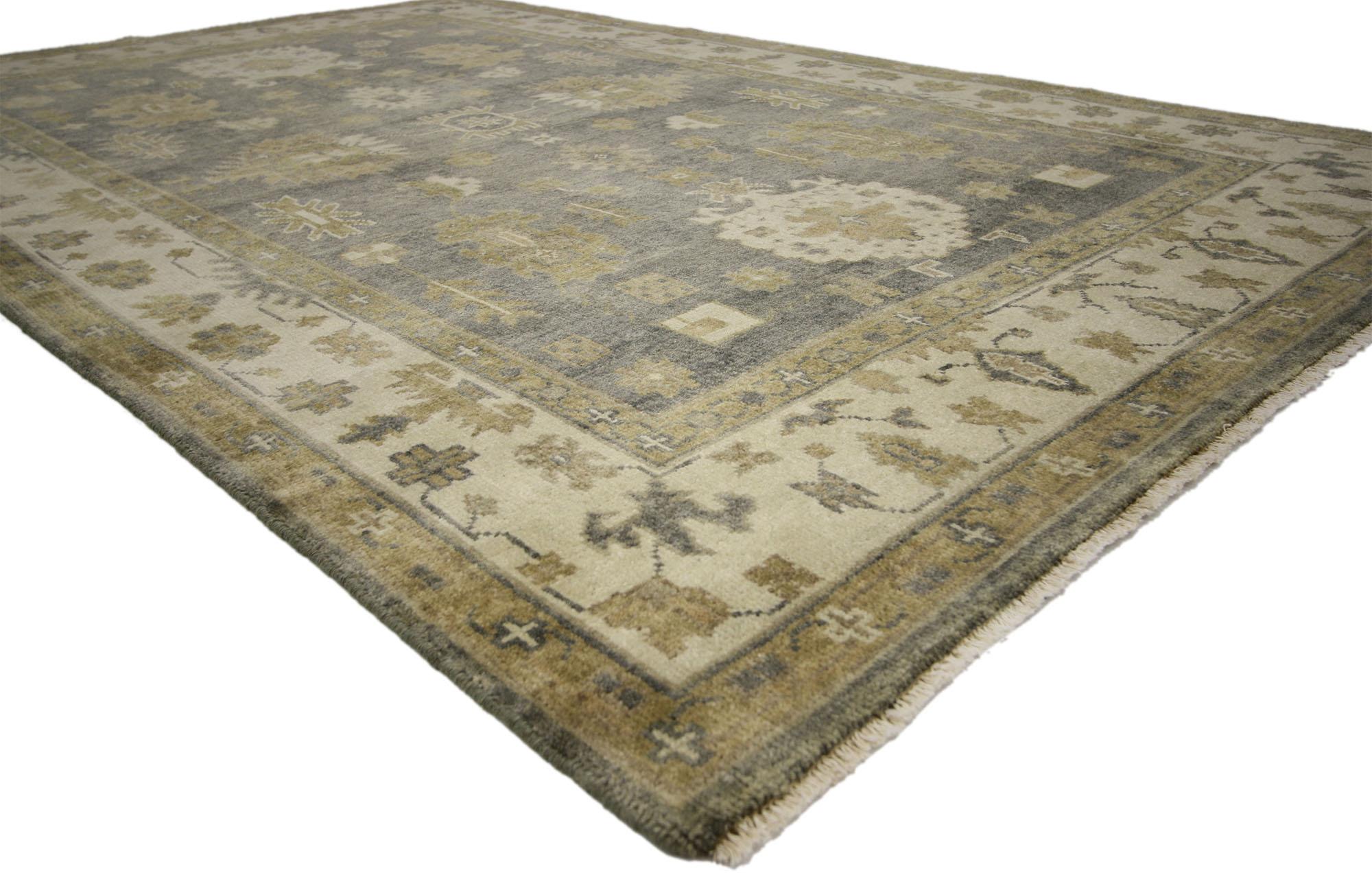 30191 new contemporary Oushak style rug with Transitional design. With its neutral colors and earth-tone colors combined with nostalgic charm, this contemporary Oushak rug creates an inimitable warmth and calming ambiance. Large harshang palmettes,