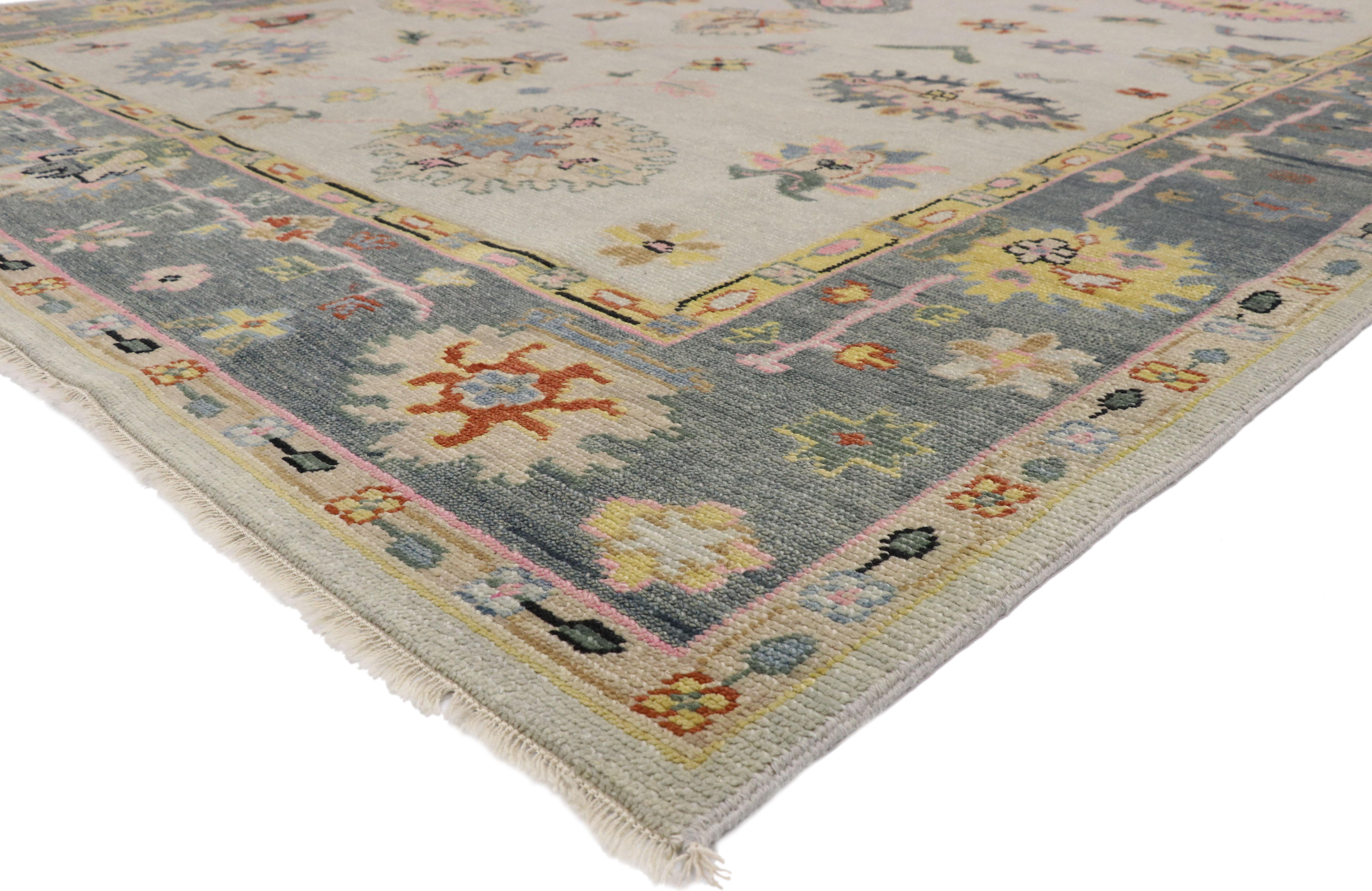 77389 New Contemporary Oushak Transitional Area Rug, Vintage Inspired Area Rug. The large-scale geometric print and pops of pastel colors woven into this hand knotted wool contemporary oushak transitional area rug work together creating a truly