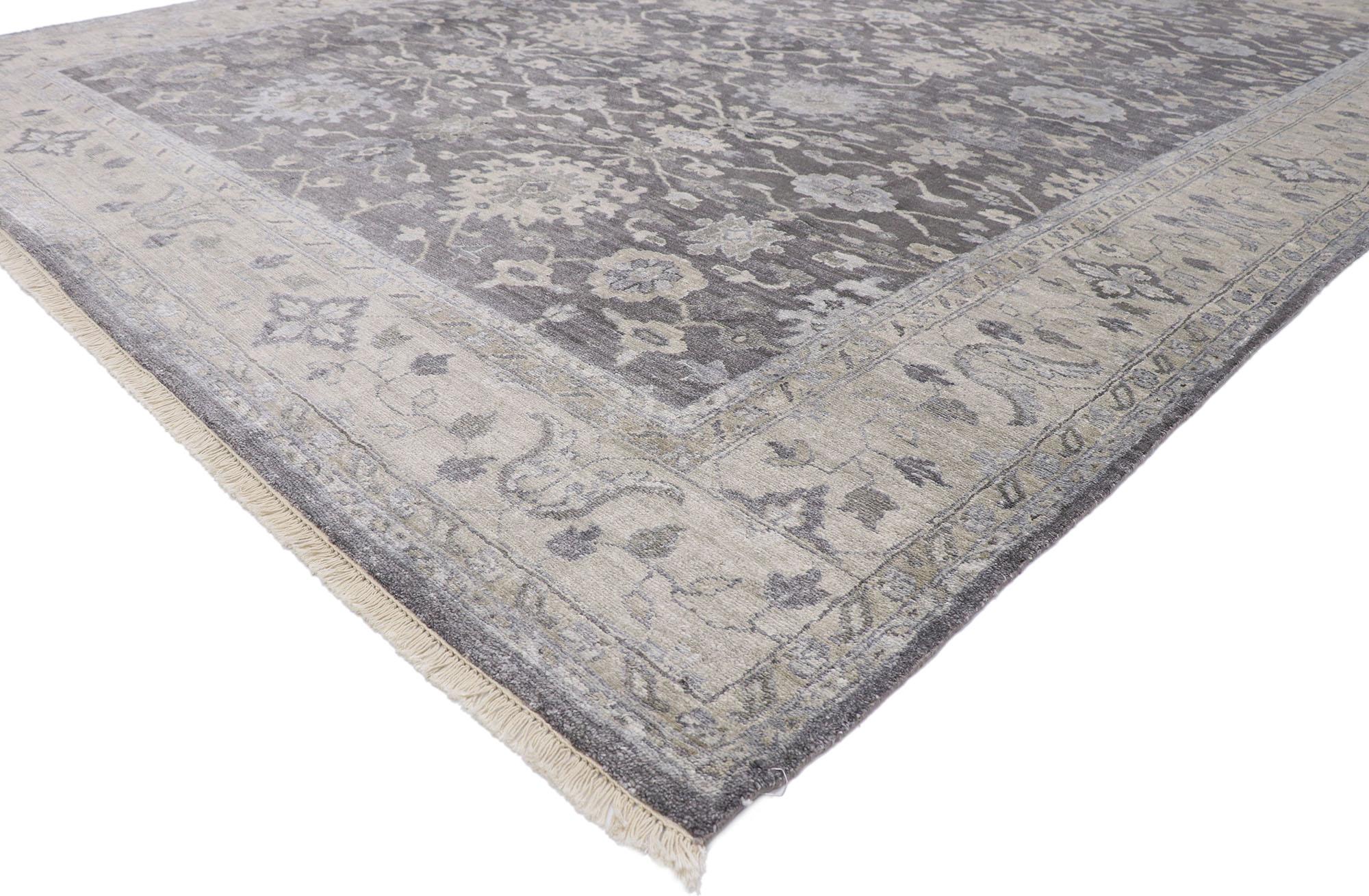 30246, new contemporary Oushak transitional gray rug with modern style. Large, lush palmettes in a Shah Abba style dance on a sea of abrashed gray, connected by an angular lattice pattern. The transitional Oushak style rug is framed by lighter