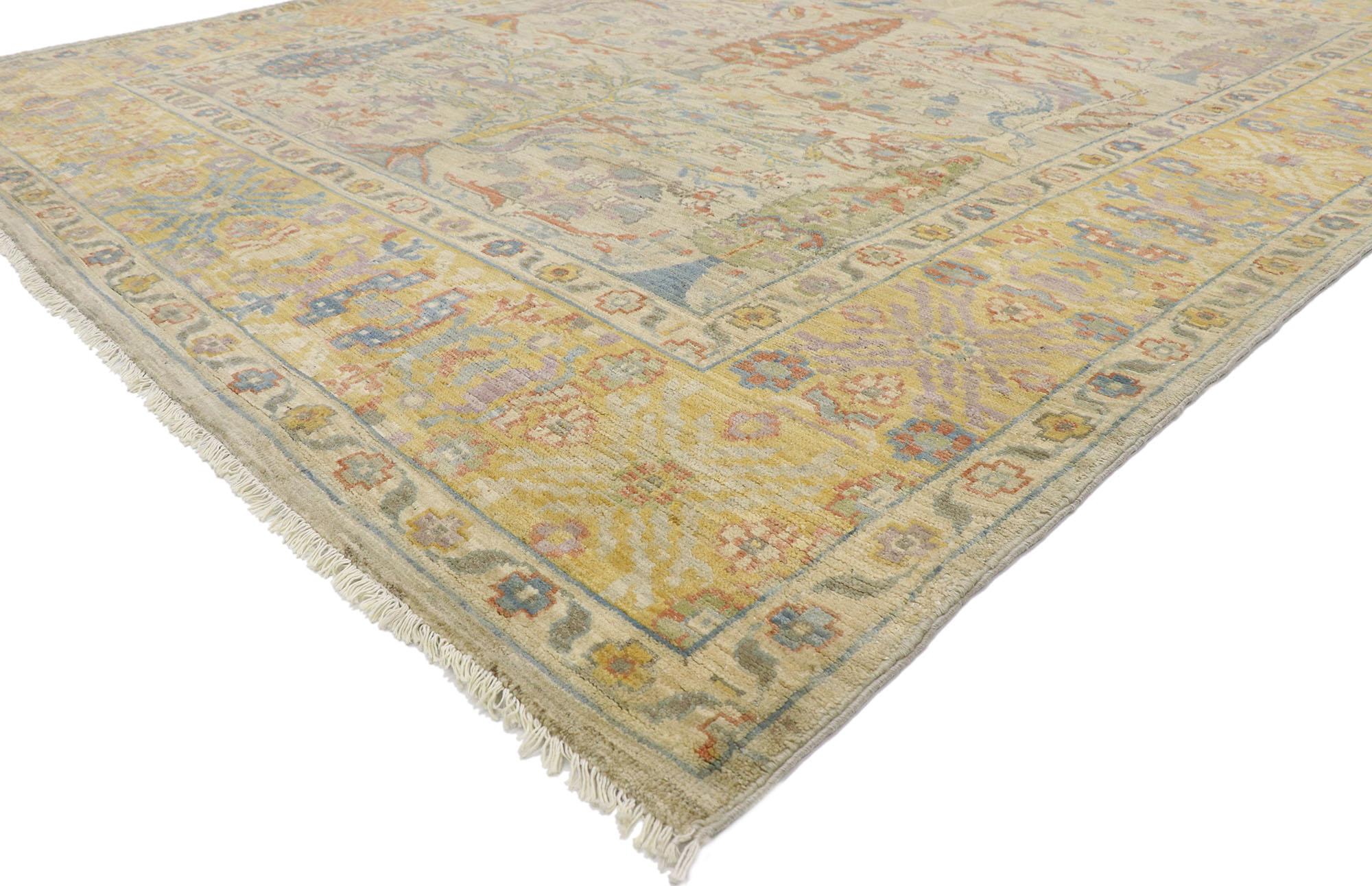 80677 New Contemporary Oushak Tree of Life Rug 08'00 x 09'07. Give the look of woven wonders and decorative elegance with this hand-knotted wool contemporary Pakistani Oushak rug. Showcasing a directional rug layout in soft earth-tone colors, this