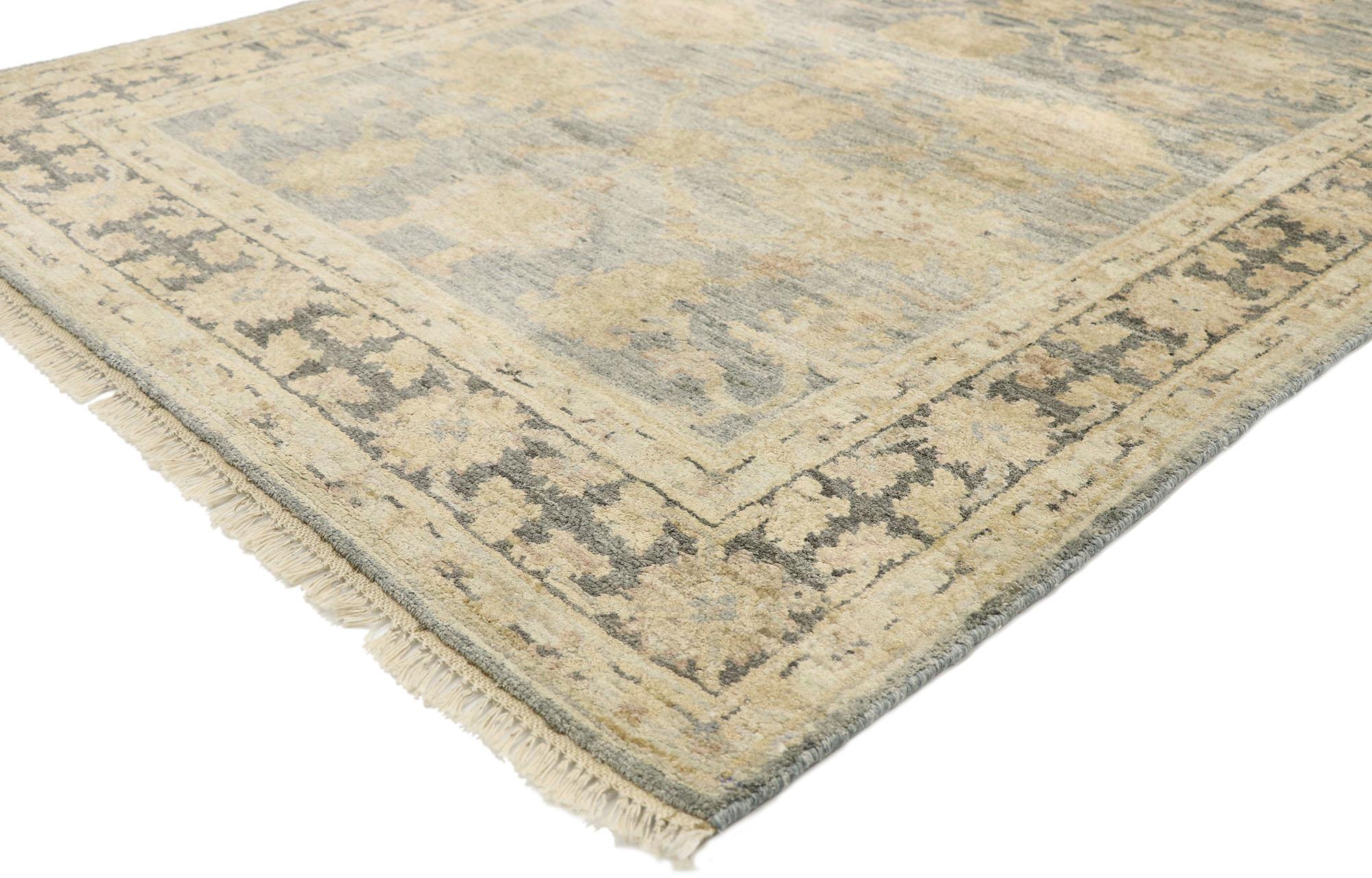 30366 New Contemporary Oushak wool and silk rug with Transitional style. This hand knotted wool and silk Oushak accent rug features an all-over botanical pattern composed of large, lush palmettes in a shah abba style connected by an angular lattice