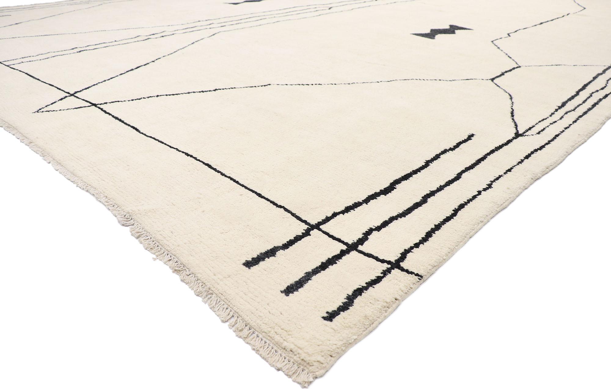 80656, new contemporary oversized Moroccan style rug. This hand knotted wool contemporary Moroccan style rug with line art design features contrasting black lines running the length of the ivory backdrop and dotted with two black organic shapes,