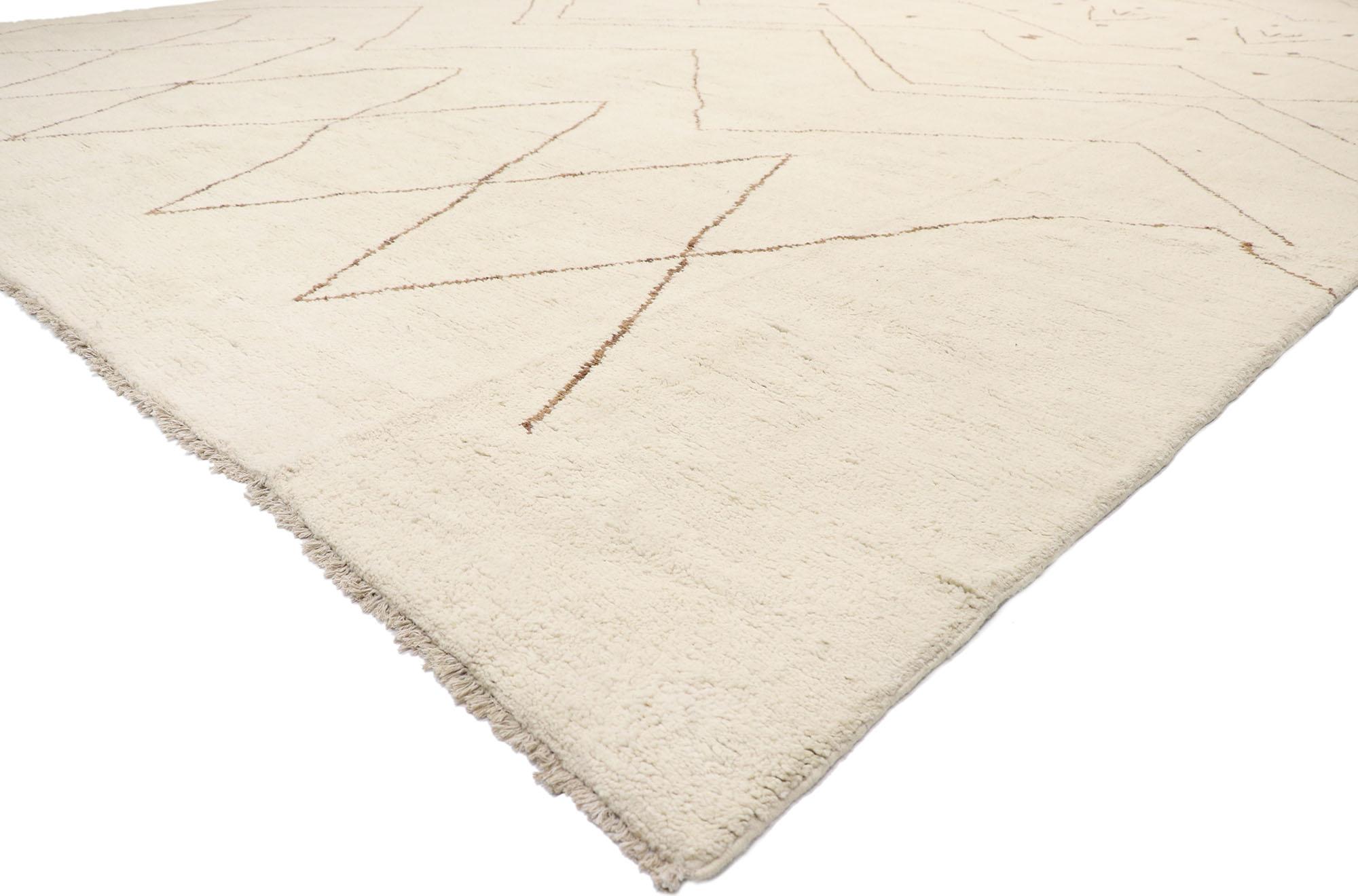 80655, new contemporary oversized Moroccan style rug with Minimalist Tribal vibes. Decidedly modern and retro in feel, this hand-knotted wool contemporary Moroccan rug displays all the intrigue of tribal style with minimalist vibes. The abrashed