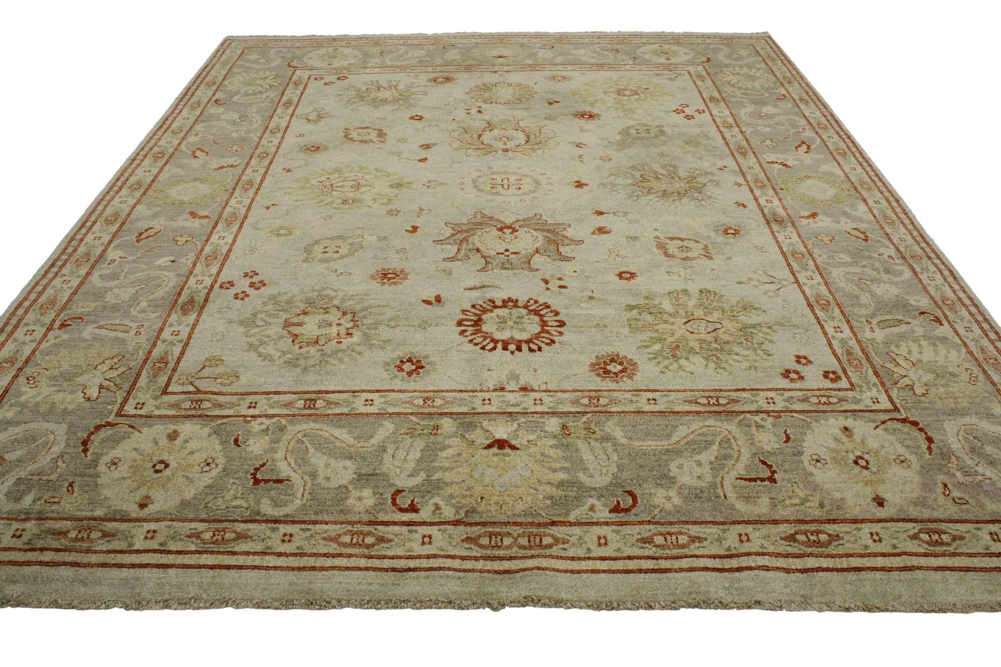 76893, new Contemporary Pakistani Oushak rug with Modern Rustic style. This hand knotted wool contemporary Oushak style area rug features an all-over geometric pattern composed of Harshang-style motifs, blooming palmettes, leafy tendrils, stylized