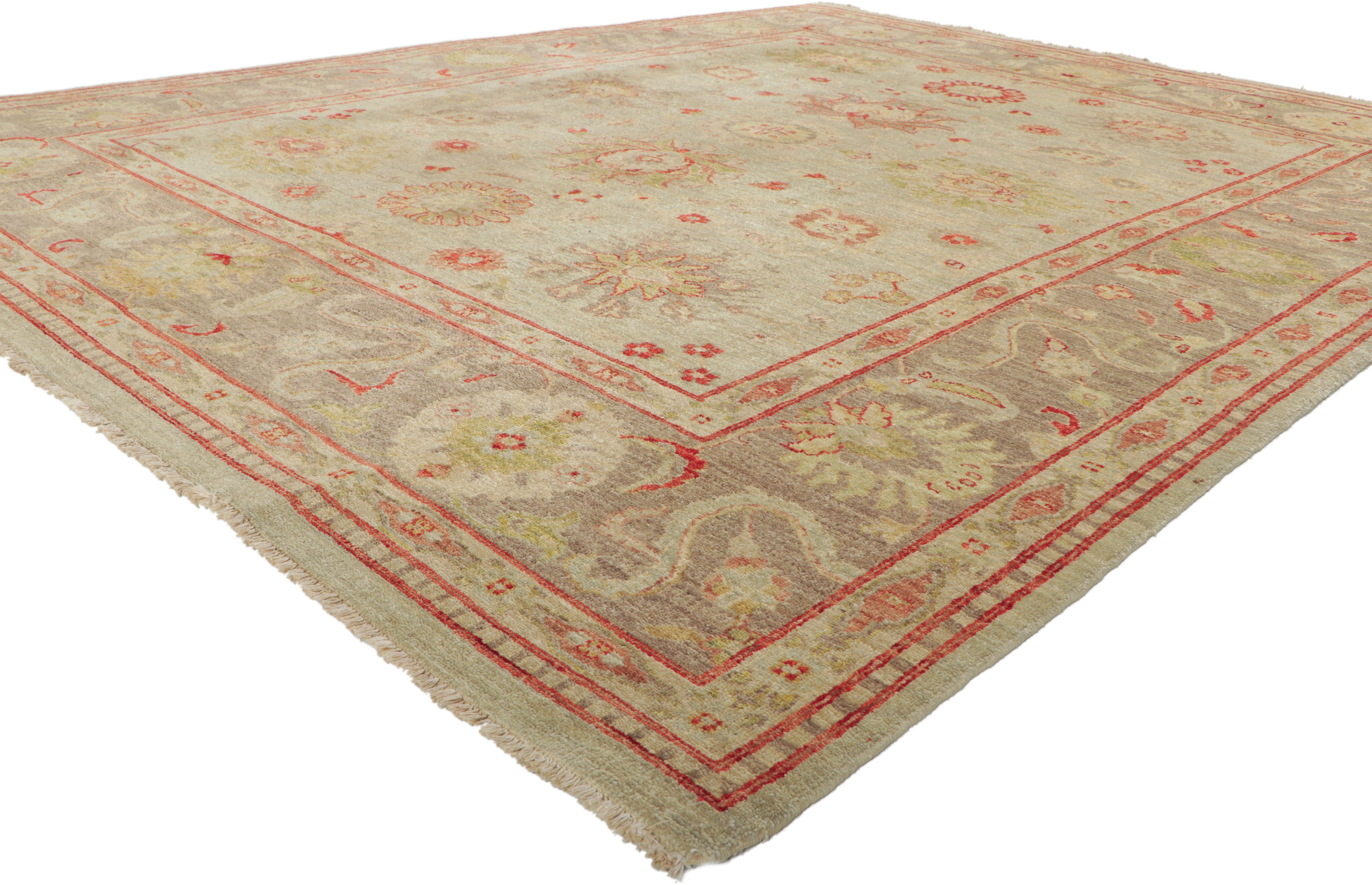 76893, nouveau tapis contemporain pakistanais Oushak de style rustique moderne. Ce tapis contemporain de style Oushak en laine nouée à la main présente un motif géométrique couvrant composé de motifs de style Harshang, de palmettes en fleurs, de